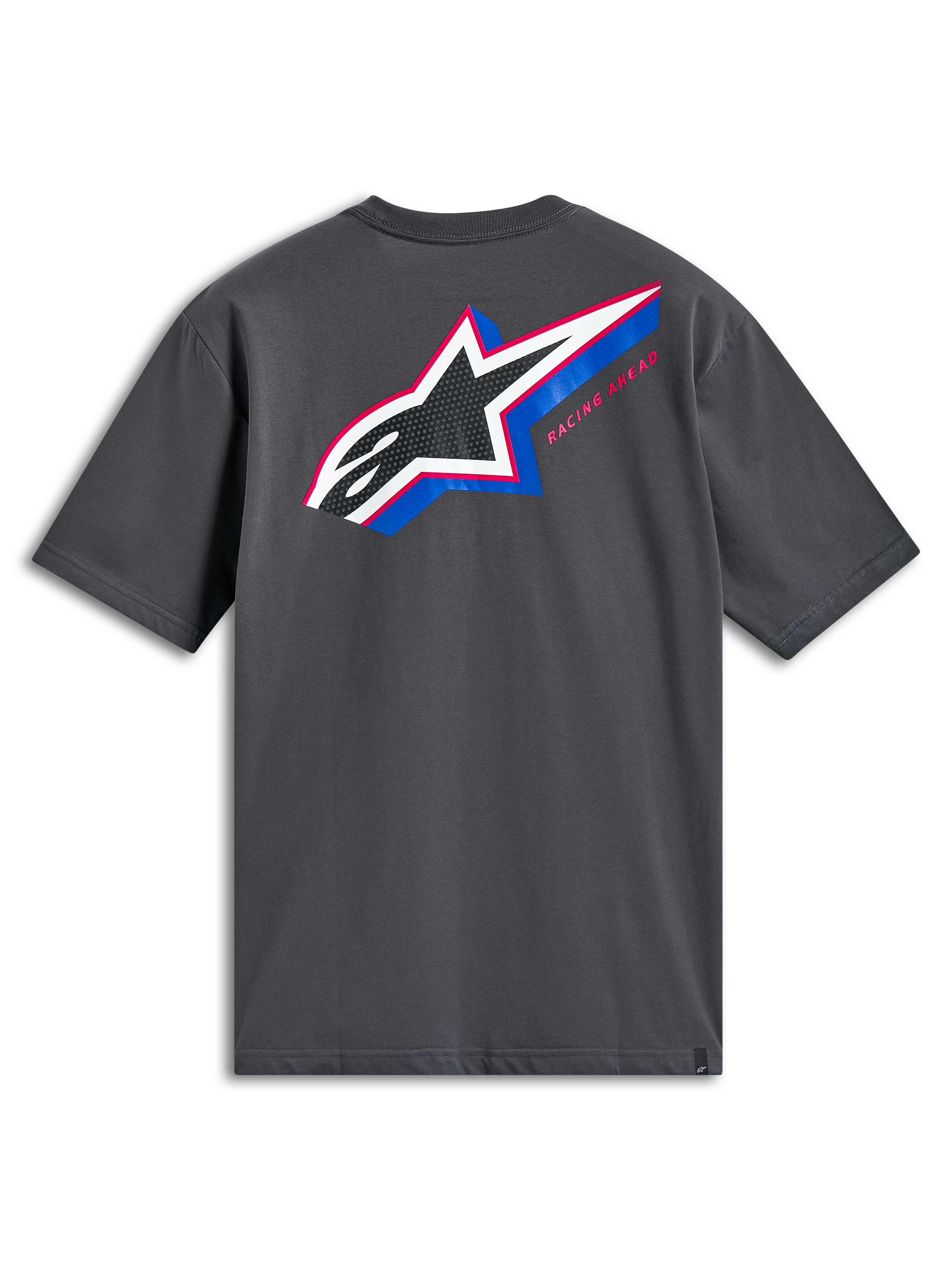 Alpinestars Angler CSF Tee, Short Sleeve T-Shirt, Charcoal Gray, Back view featuring large multi-color Astars logo with perforated fill, blue and pink accents and 'Racing Ahead' text, casual motorsport streetwear