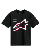 Alpinestars Authority CSF Tee, Short Sleeve T-Shirt, Black, large white Astars logo with pink outline, featuring 'Alpinestars Protects' and 'Racing Ahead' text, casual motorsport streetwear