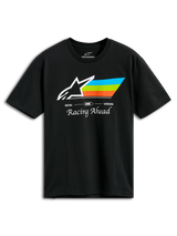 Alpinestars Trifecta CSF Tee, Short Sleeve T-Shirt, Black, featuring white Astars logo with cyan, green, and orange stripes, 'Racing Ahead' script, Casual Motorsport Sportswear