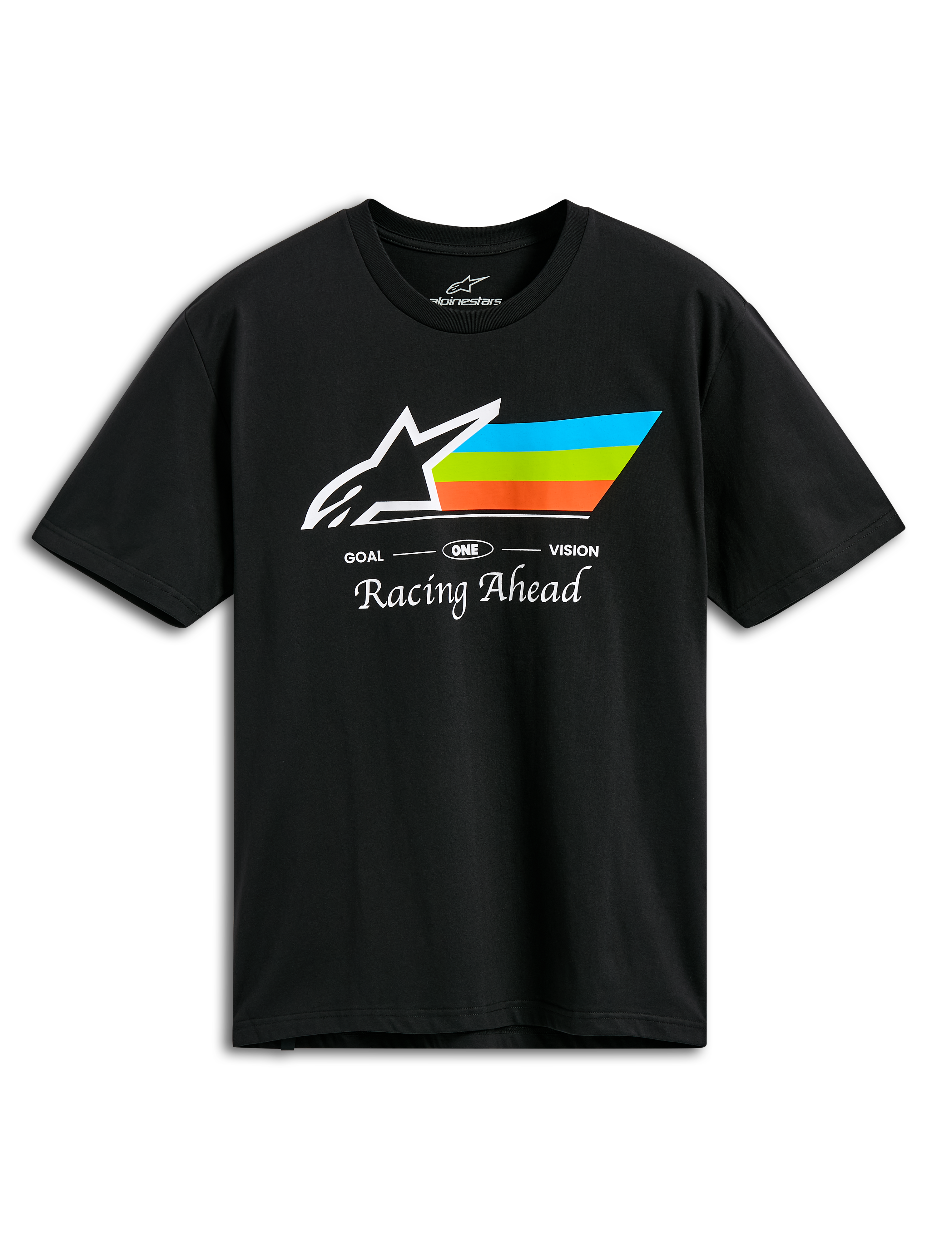 Alpinestars Trifecta CSF Tee, Short Sleeve T-Shirt, Black, featuring white Astars logo with cyan, green, and orange stripes, 'Racing Ahead' script, Casual Motorsport Sportswear