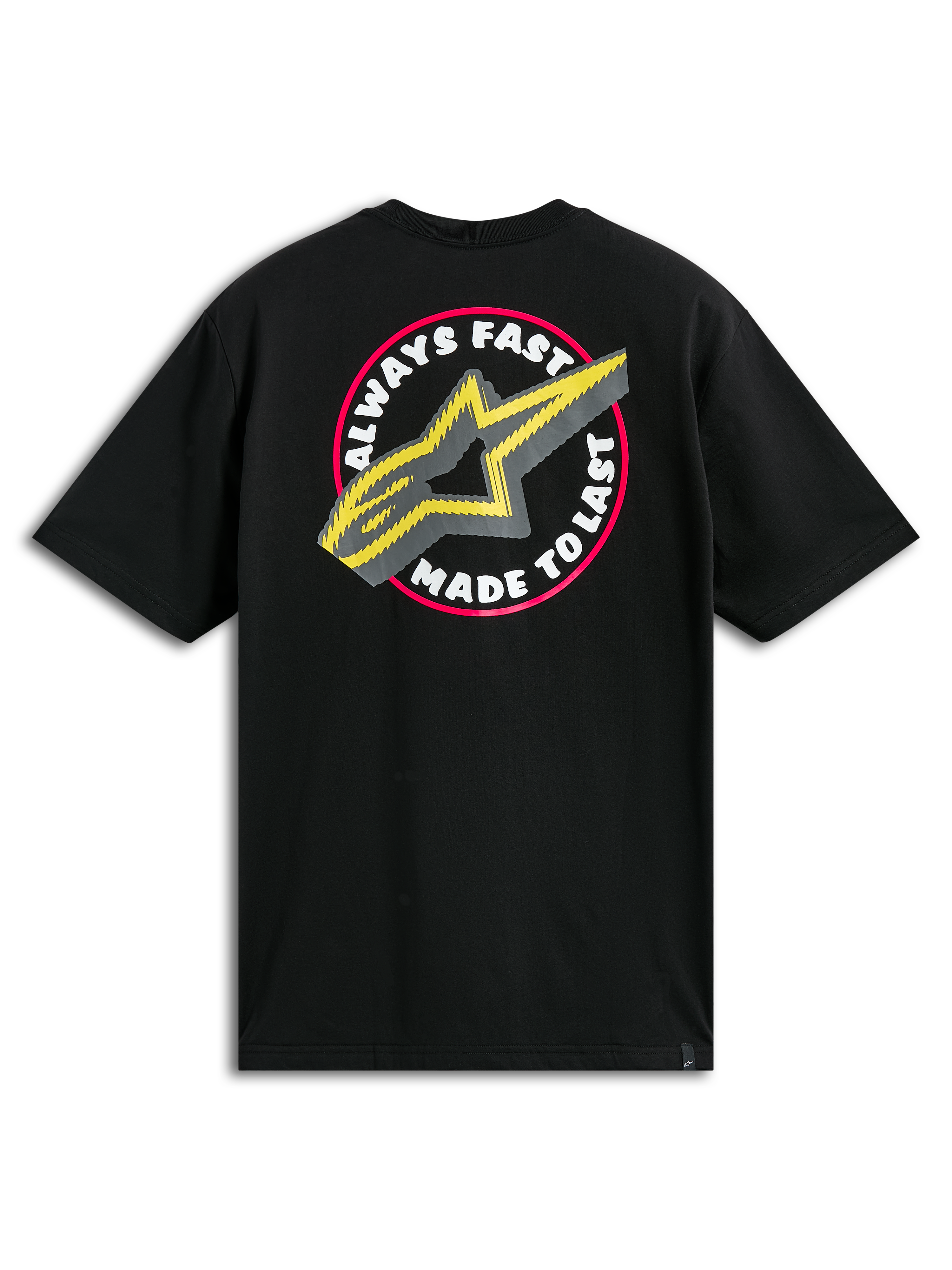 Alpinestars Aorbit CSF Tee, Short Sleeve T-Shirt, Black, Large Circular Back Graphic with Always Fast Made to Last text and Yellow A-star logo, Casual Motorsport Streetwear