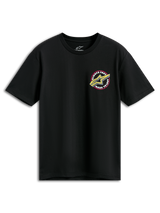 Alpinestars Aorbit CSF Tee, kortärmad t-shirt, svart, rosa och gul Astars-logotyp med Always Fast Made to Last-grafik, avslappnade motorsportkläder