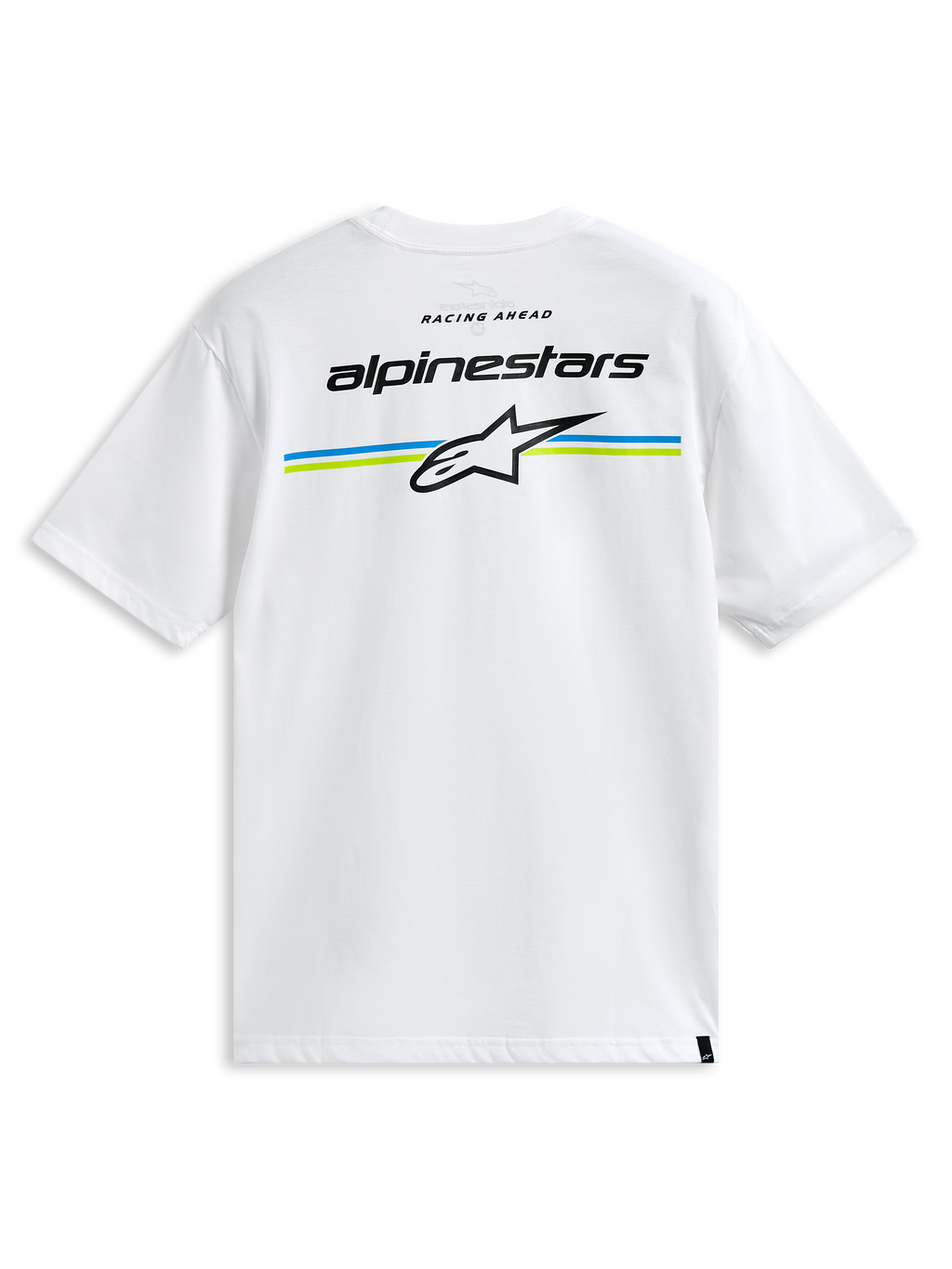 Alpinestars Lanes CSF Tee, kortärmad t-shirt, vit, med Alpinestars ordmärke och Astars-logotyp över blå och limegröna ränder på baksidan, casual motorsport-streetwear