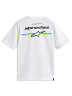 Alpinestars Lanes CSF Tee, kortärmad t-shirt, vit, med Alpinestars ordmärke och Astars-logotyp över blå och limegröna ränder på baksidan, casual motorsport-streetwear