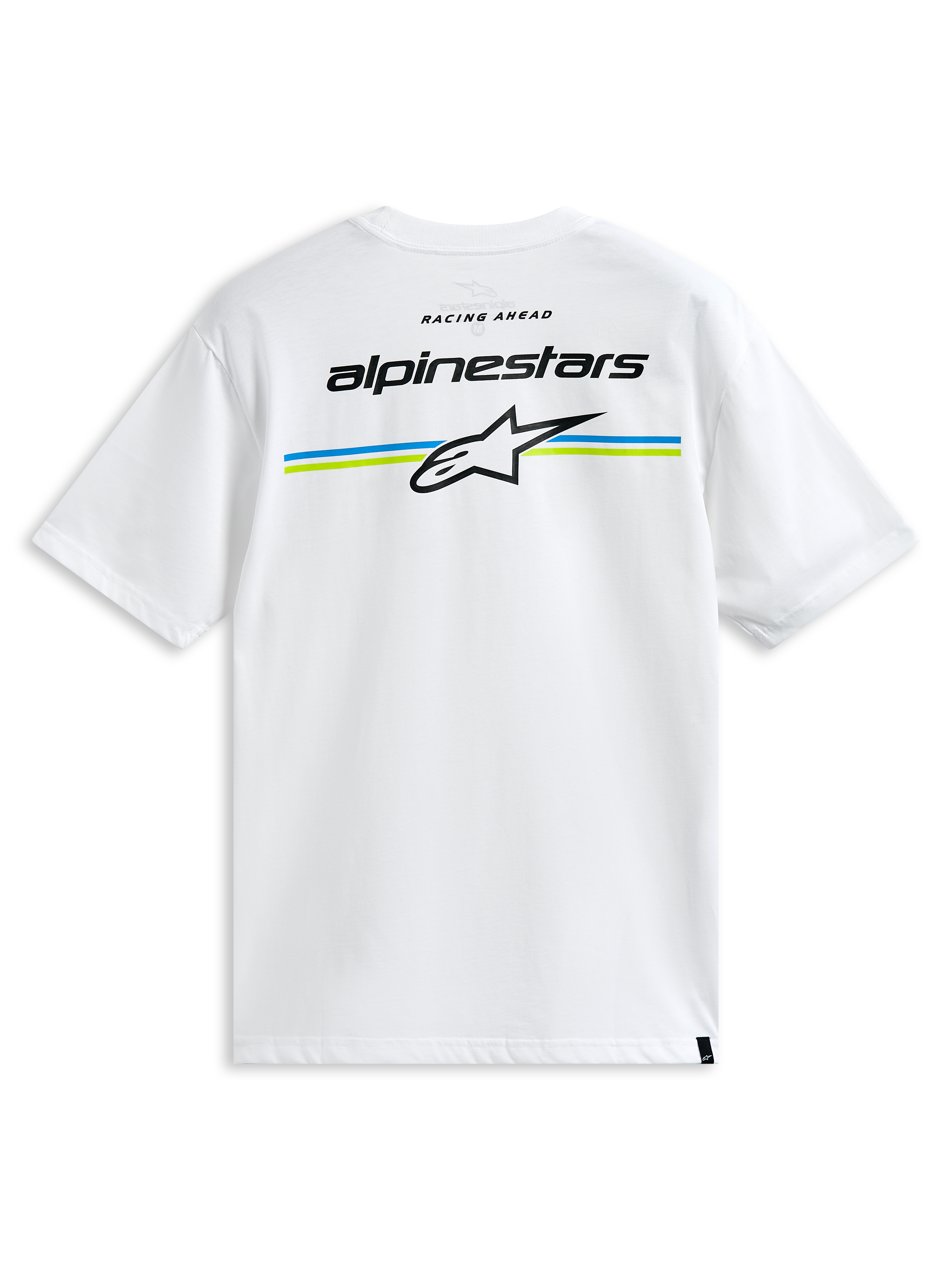 Alpinestars Lanes CSF Tee, kortärmad t-shirt, vit, med Alpinestars ordmärke och Astars-logotyp över blå och limegröna ränder på baksidan, casual motorsport-streetwear