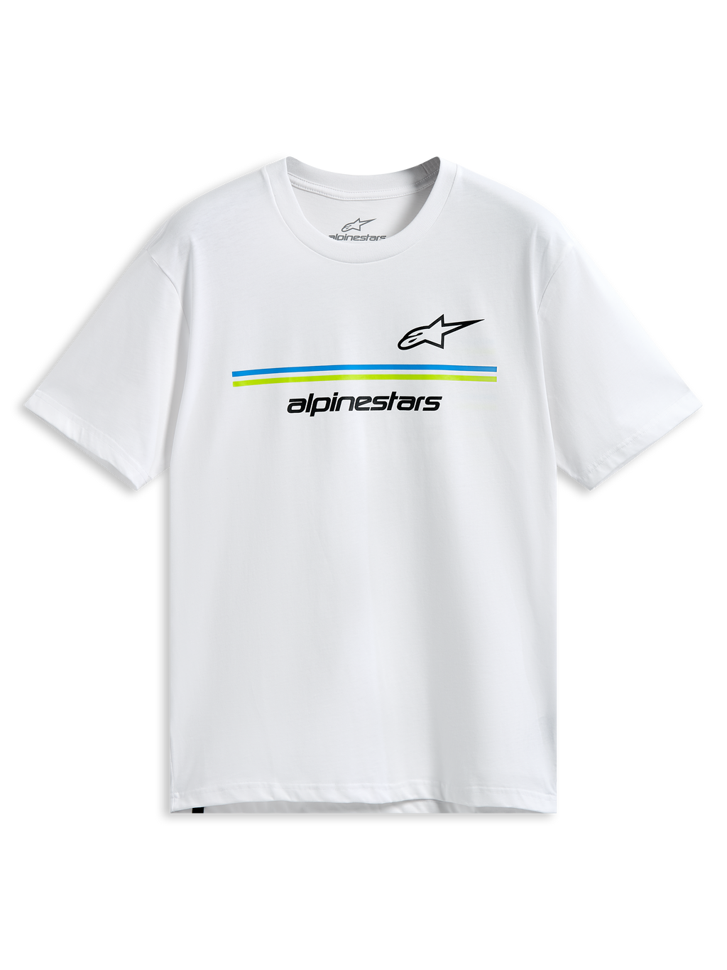 Alpinestars Lanes CSF Tee, kortärmad t-shirt, vit, svarta Astars- och Alpinestars-logotyper med blå och limegröna horisontella ränder, casual motorsport-sportkläder