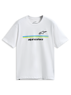 Alpinestars Lanes CSF Tee, kortärmad t-shirt, vit, svarta Astars- och Alpinestars-logotyper med blå och limegröna horisontella ränder, casual motorsport-sportkläder