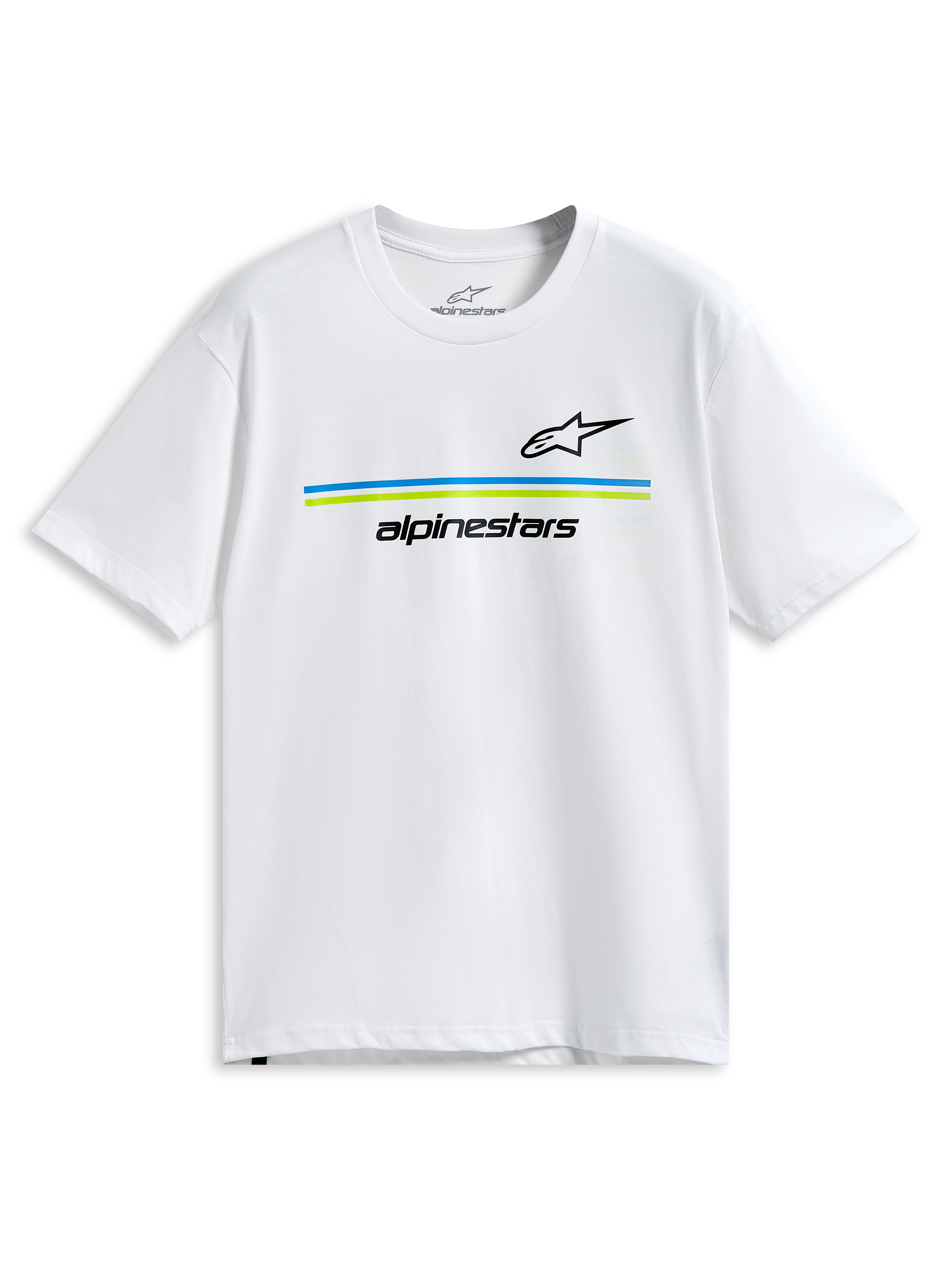 Alpinestars Lanes CSF Tee, kortärmad t-shirt, vit, svarta Astars- och Alpinestars-logotyper med blå och limegröna horisontella ränder, casual motorsport-sportkläder
