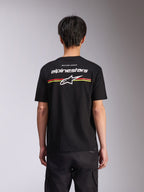 Alpinestars Lanes CSF Tee, Short Sleeve T-Shirt, Black, back view featuring white Alpinestars logo and Astars star with red and yellow stripes, Casual Motorsport Streetwear