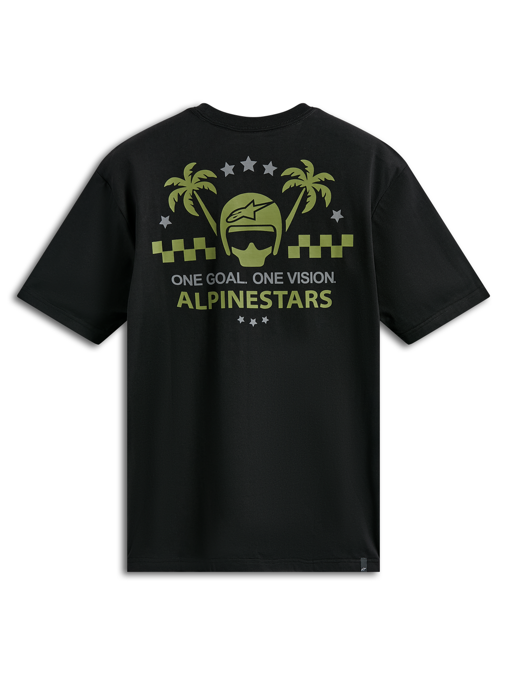 Alpinestars Order CSF Tee, kortärmad t-shirt, svart med olivgrön och grå grafik föreställande hjälm och palmträd, texten "One Goal One Vision", casual motorsport-sportkläder