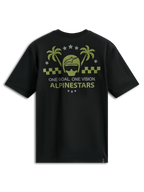 Alpinestars Order CSF Tee, kortärmad t-shirt, svart med olivgrön och grå grafik föreställande hjälm och palmträd, texten "One Goal One Vision", casual motorsport-sportkläder