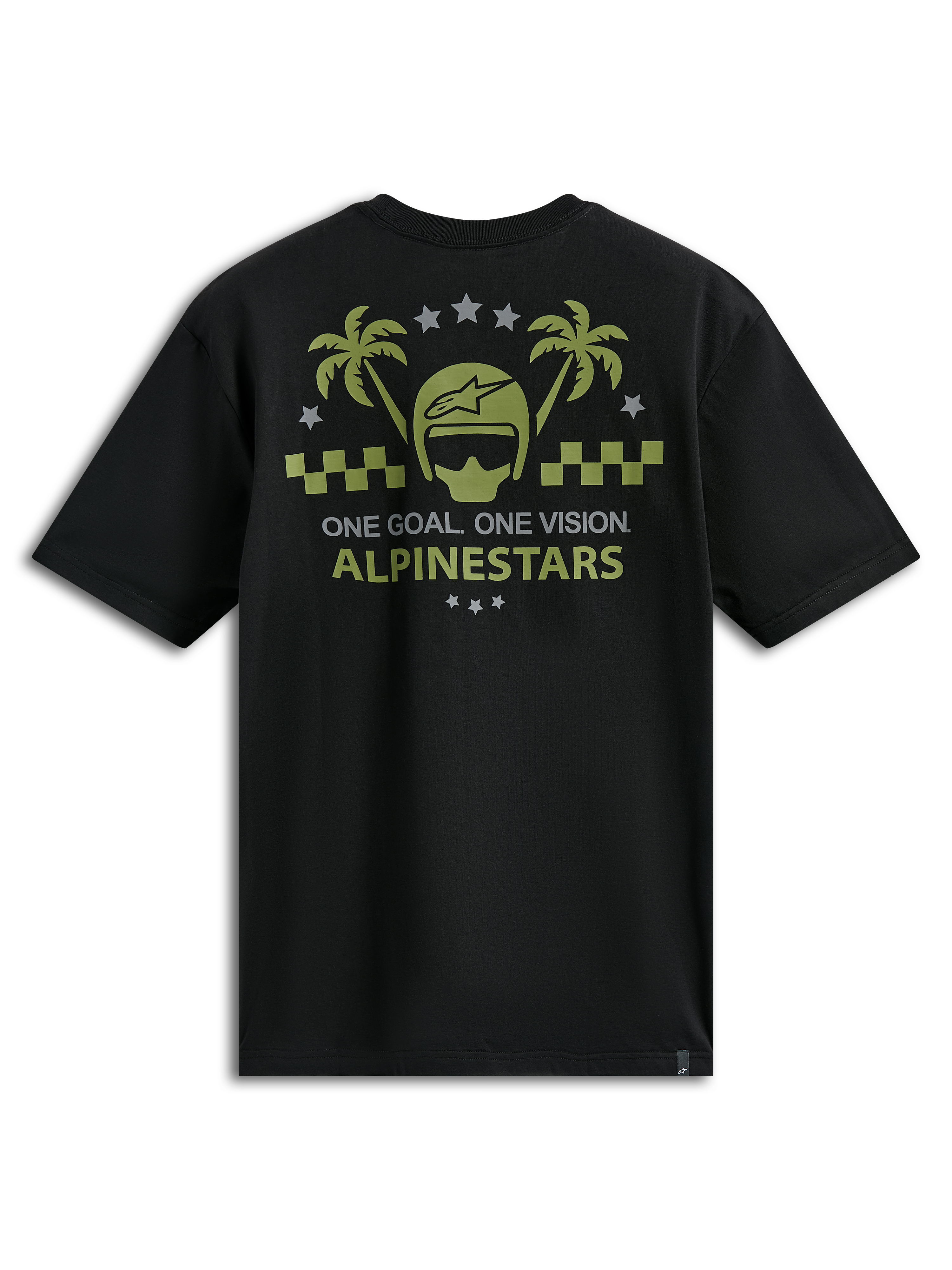 Alpinestars Order CSF Tee, kortärmad t-shirt, svart med olivgrön och grå grafik föreställande hjälm och palmträd, texten "One Goal One Vision", casual motorsport-sportkläder