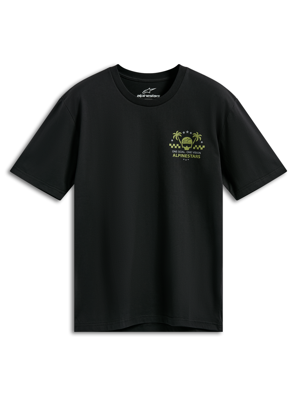 Alpinestars Order CSF Tee, kortärmad t-shirt, svart, gul och grön grafik på bröstet med hjälm och palmträd, texten ”One Goal One Vision”, vardaglig motorsport-streetwear