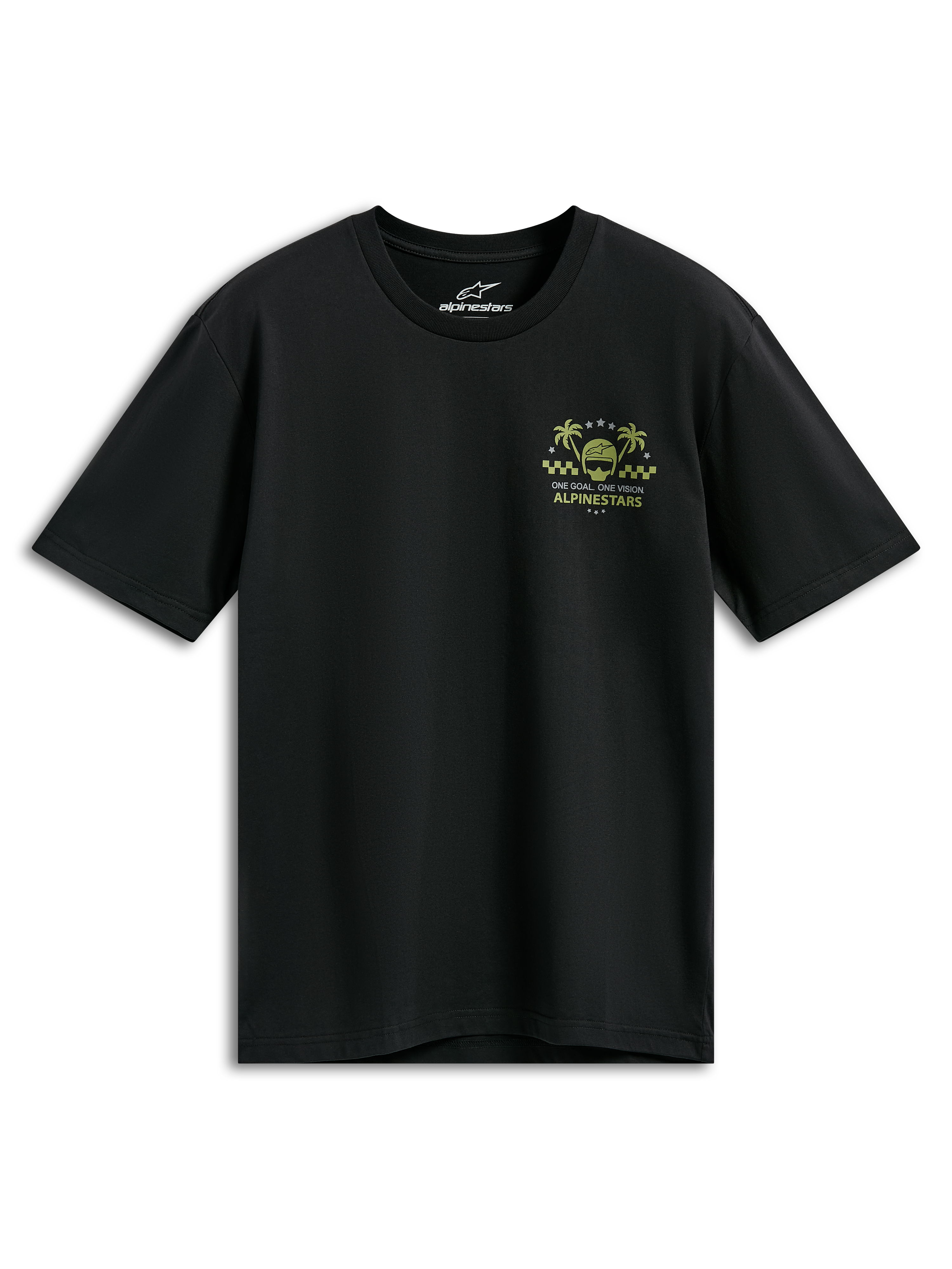 Alpinestars Order CSF Tee, kortärmad t-shirt, svart, gul och grön grafik på bröstet med hjälm och palmträd, texten ”One Goal One Vision”, vardaglig motorsport-streetwear