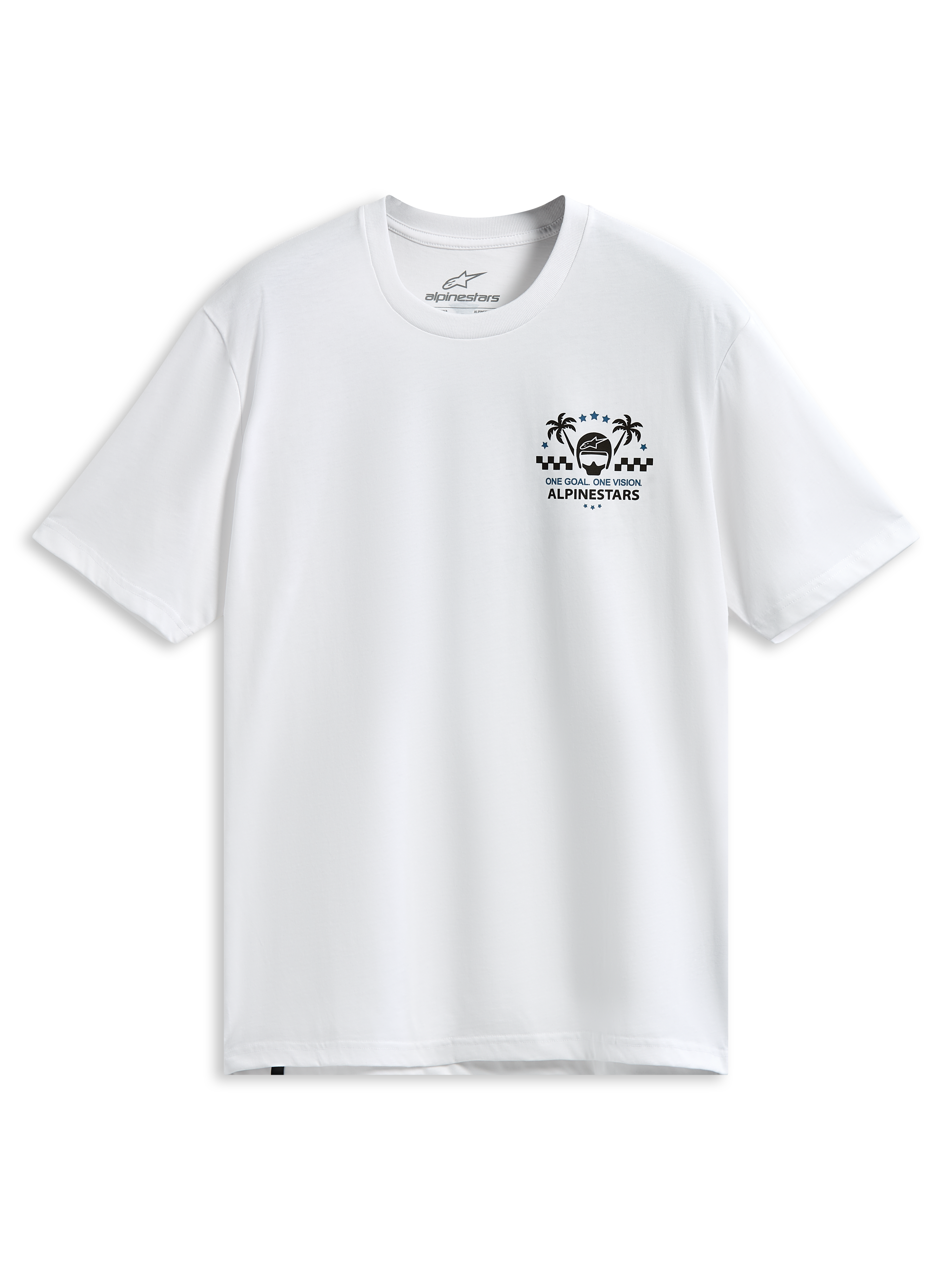 Alpinestars Order CSF Tee, Short Sleeve T-Shirt, White, Chest Graphic with Palm Trees and Racing Helmet, One Goal One Vision Text, Casual Motorsport Sportswear