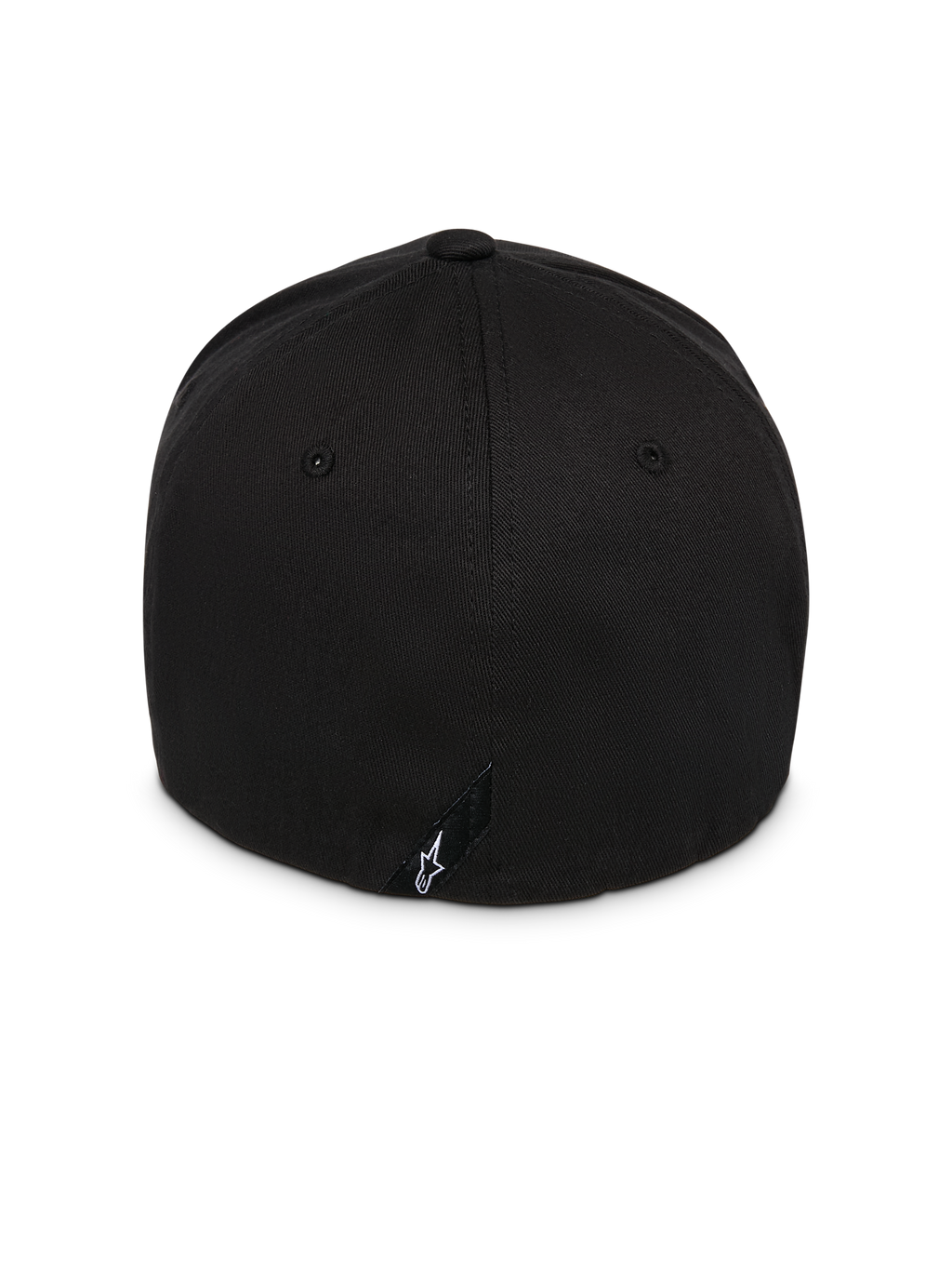 Alpinestars Instinct keps, svart, vy bakifrån som visar strukturerad krona och flex-back-design, med en liten svart etikett med vit Astars-logotyp, slitstarkt twilltyg, vardaglig motorsport-inspirerad huvudbonad