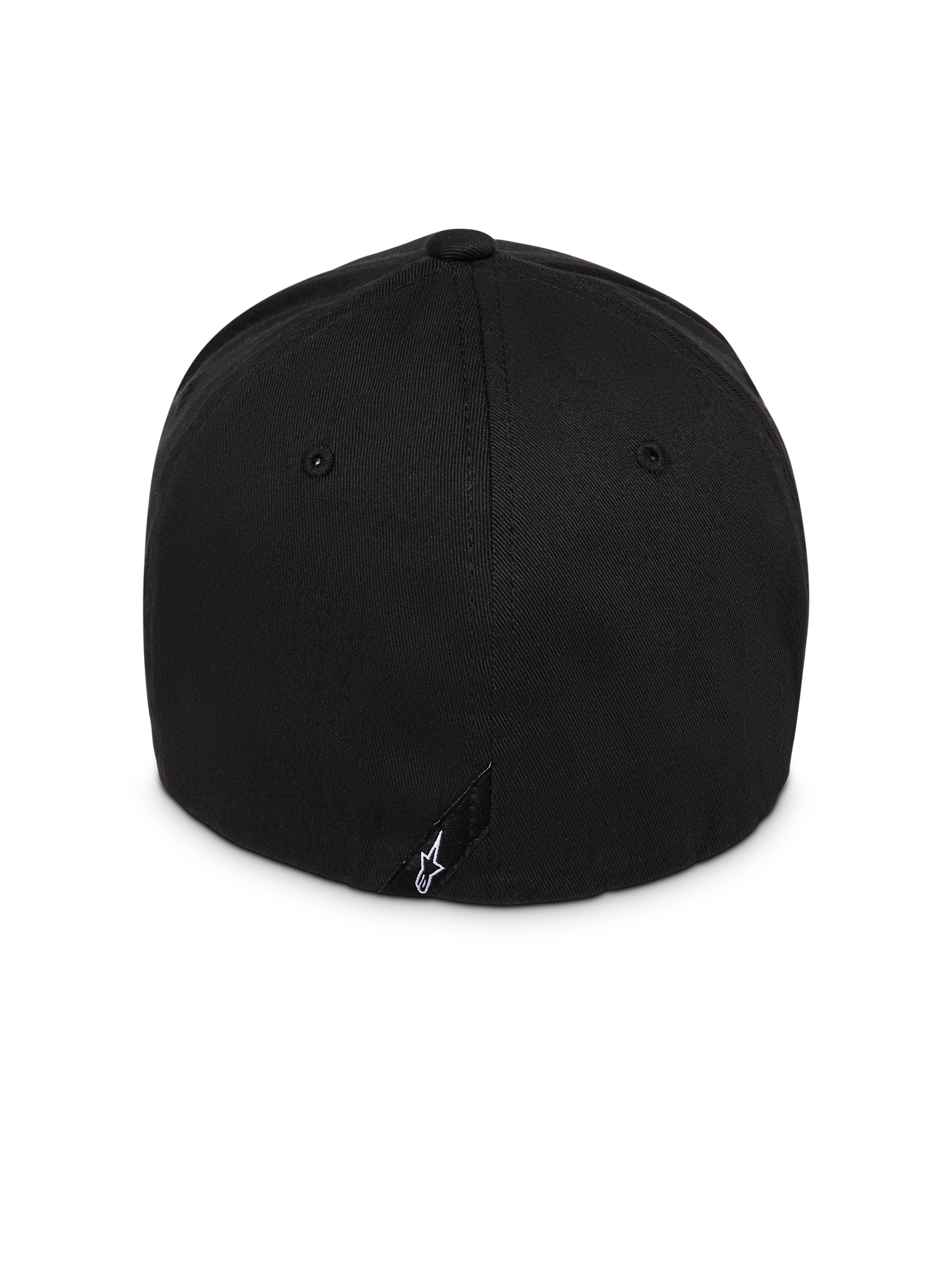 Alpinestars Instinct keps, svart, vy bakifrån som visar strukturerad krona och flex-back-design, med en liten svart etikett med vit Astars-logotyp, slitstarkt twilltyg, vardaglig motorsport-inspirerad huvudbonad