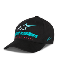 Alpinestars Instinct keps, svart baseballkeps med böjd skärm, turkos Alpinestars-logotyp och randig stjärna framtill, röd 'Racing Ahead'-text, turkos broderad logotyp på sidan, avslappnad motorsportdesign