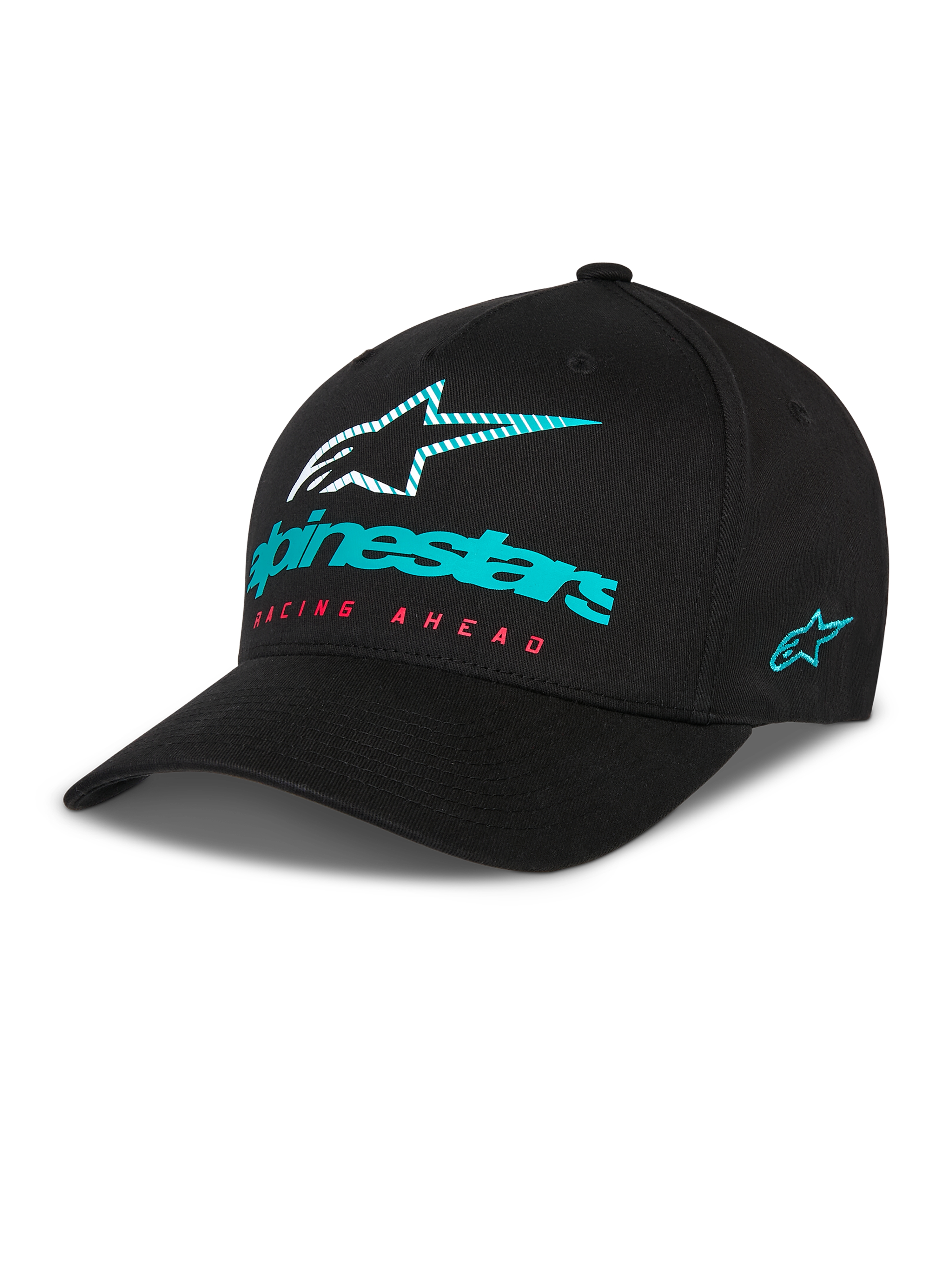 Alpinestars Instinct keps, svart baseballkeps med böjd skärm, turkos Alpinestars-logotyp och randig stjärna framtill, röd 'Racing Ahead'-text, turkos broderad logotyp på sidan, avslappnad motorsportdesign