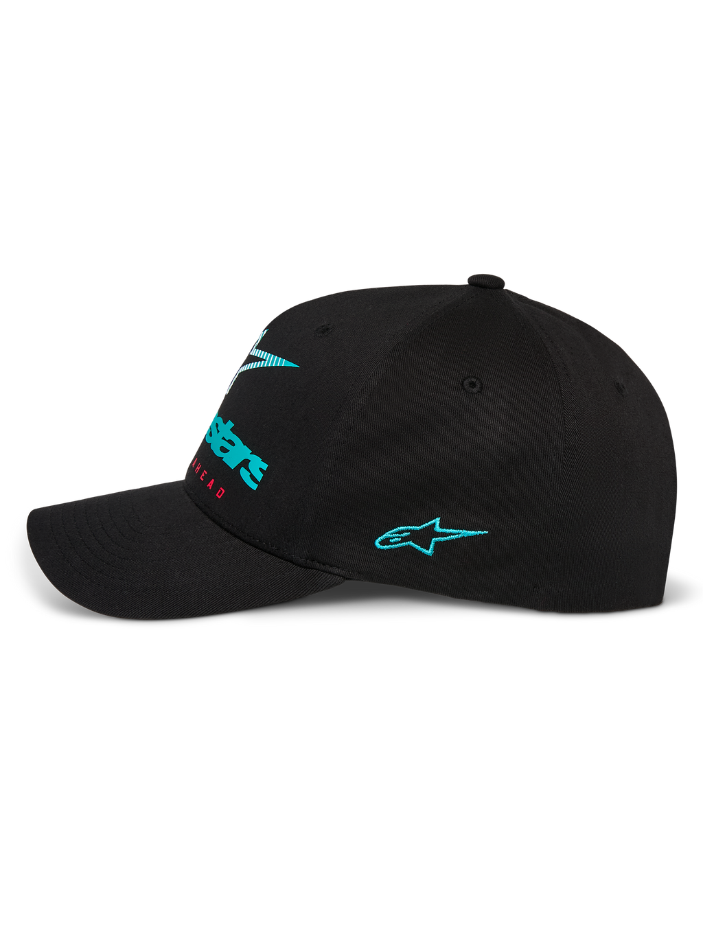 Alpinestars Instinct Keps, sidoprofil av svart baseballkeps, med turkos broderad Astars-logotyp på sidan och logotyp med färggradient framtill, böjd skärm med strukturerad krona, avslappnad motorsport-streetwear