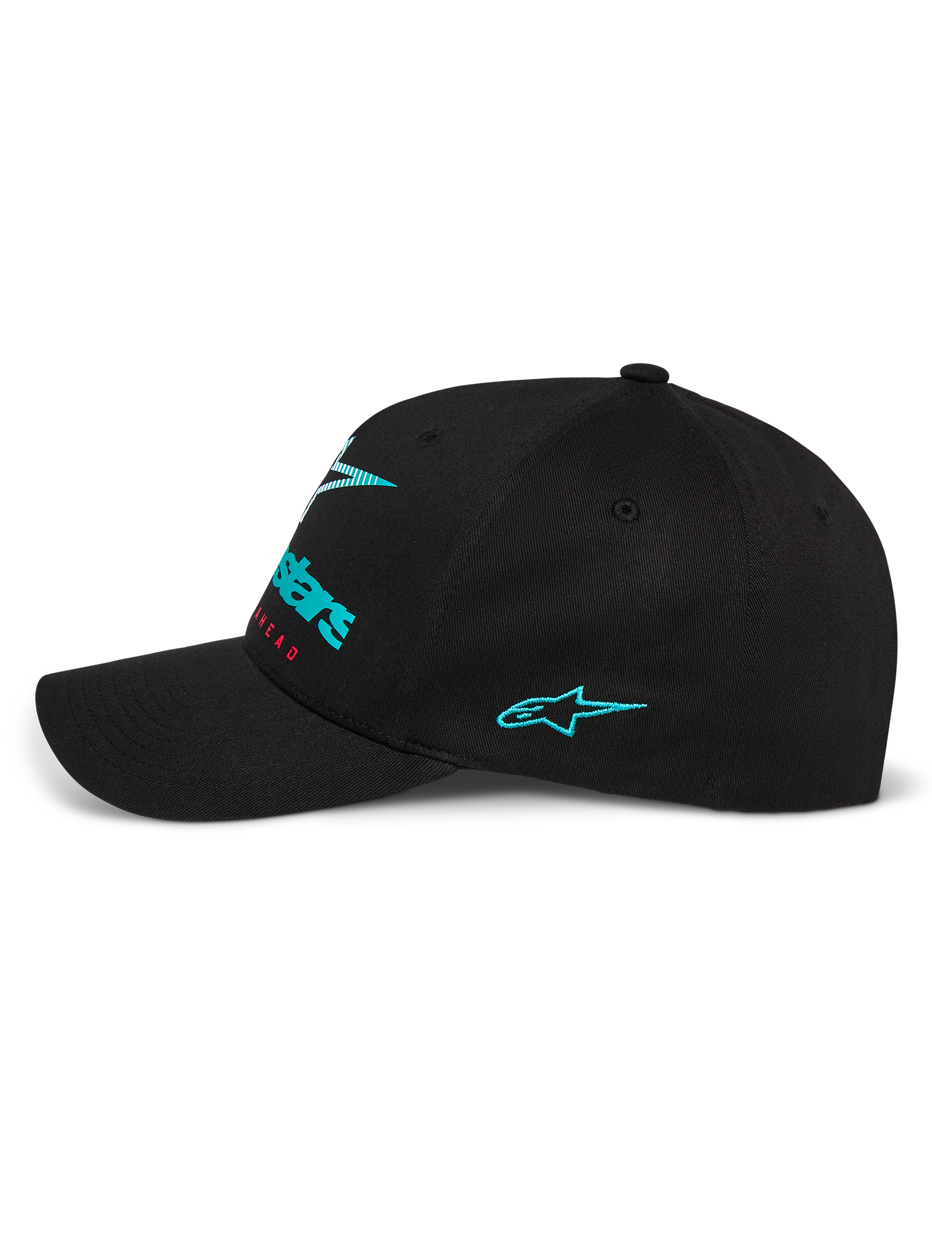 Alpinestars Instinct Keps, sidoprofil av svart baseballkeps, med turkos broderad Astars-logotyp på sidan och logotyp med färggradient framtill, böjd skärm med strukturerad krona, avslappnad motorsport-streetwear