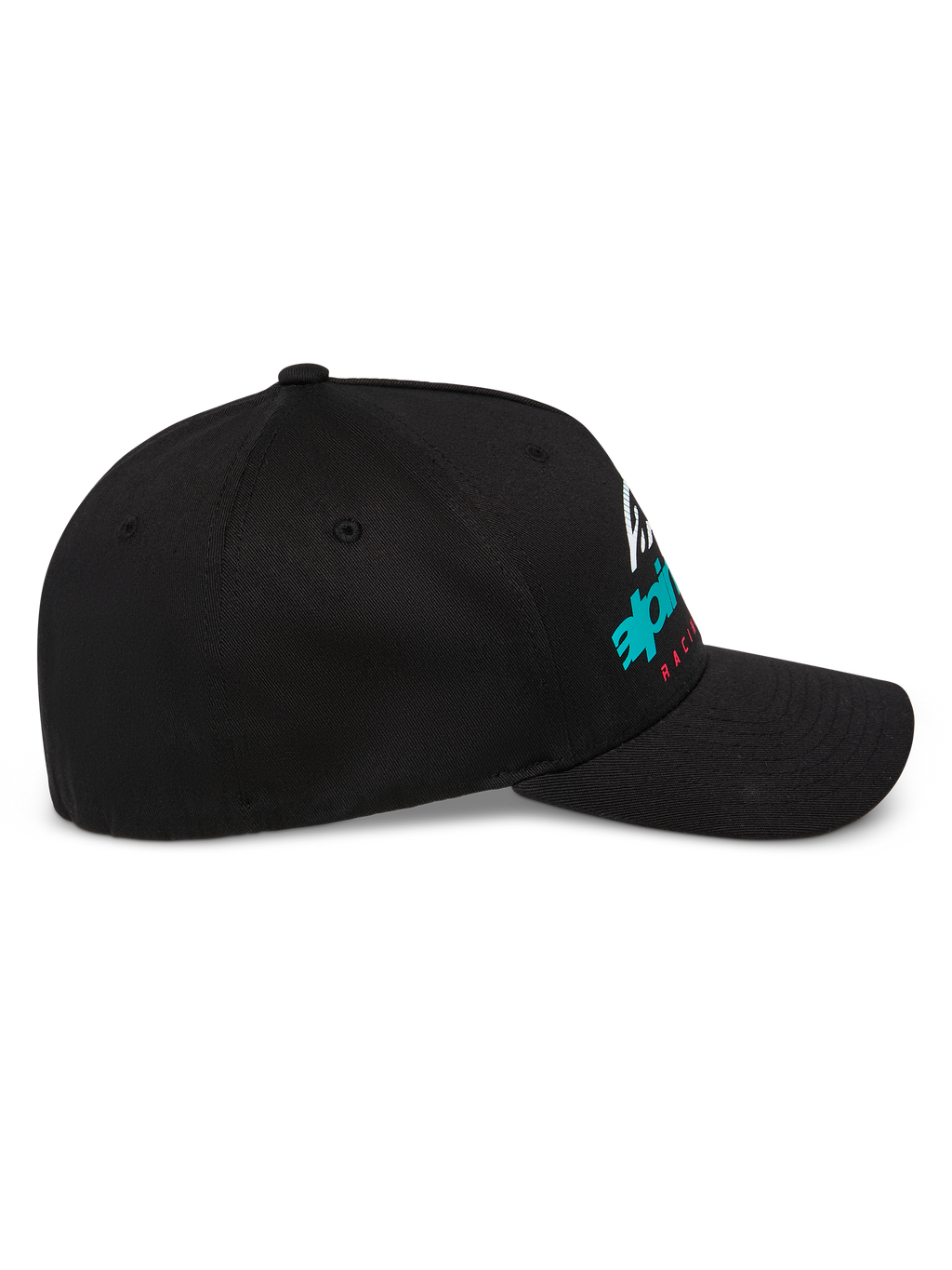 Alpinestars Instinct keps, strukturerad baseballkeps, svart, sidoprofil med böjd skärm och Astars-logotyp med färggradient, avslappnad motorsport-streetwear