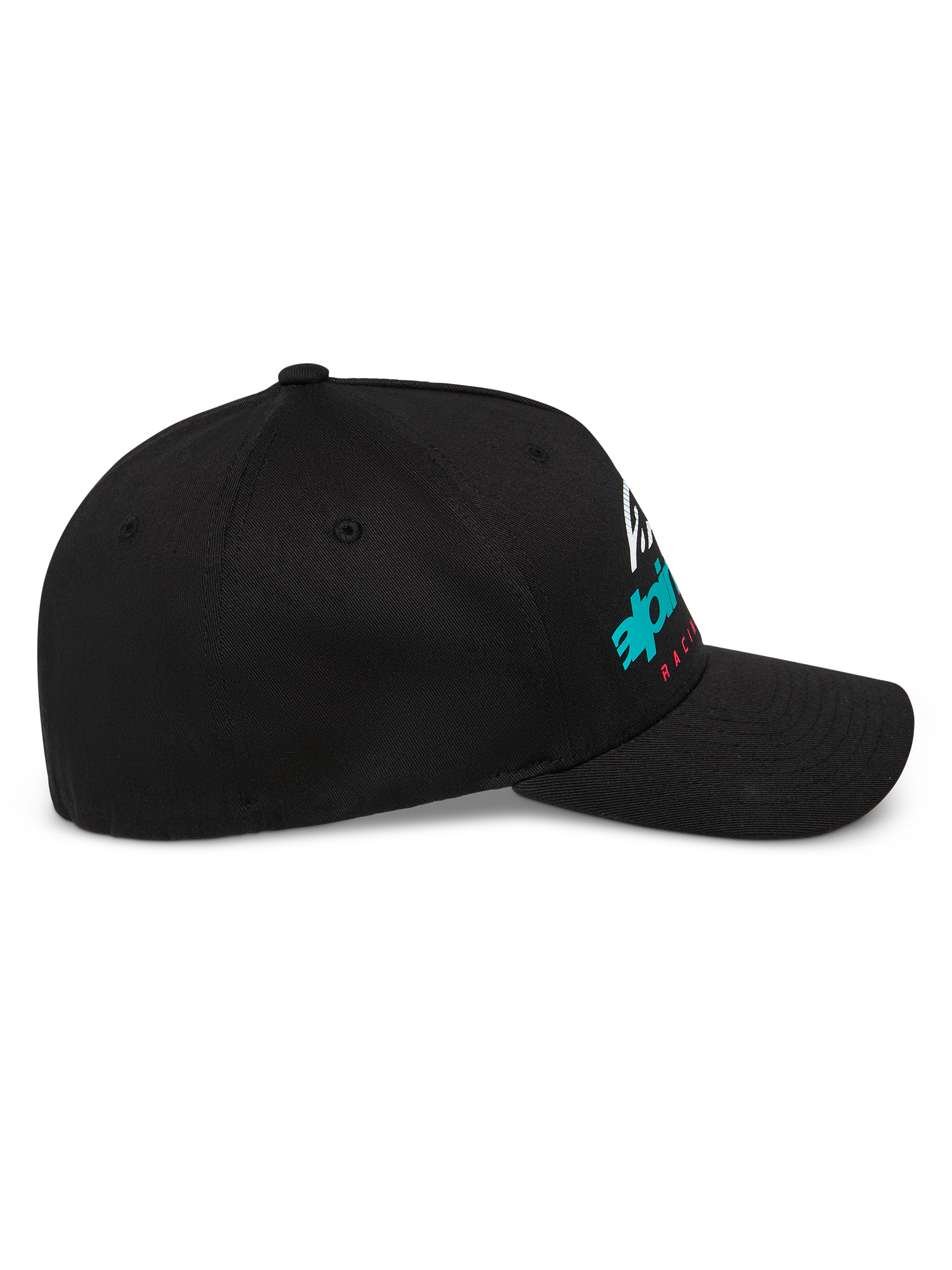Alpinestars Instinct keps, strukturerad baseballkeps, svart, sidoprofil med böjd skärm och Astars-logotyp med färggradient, avslappnad motorsport-streetwear