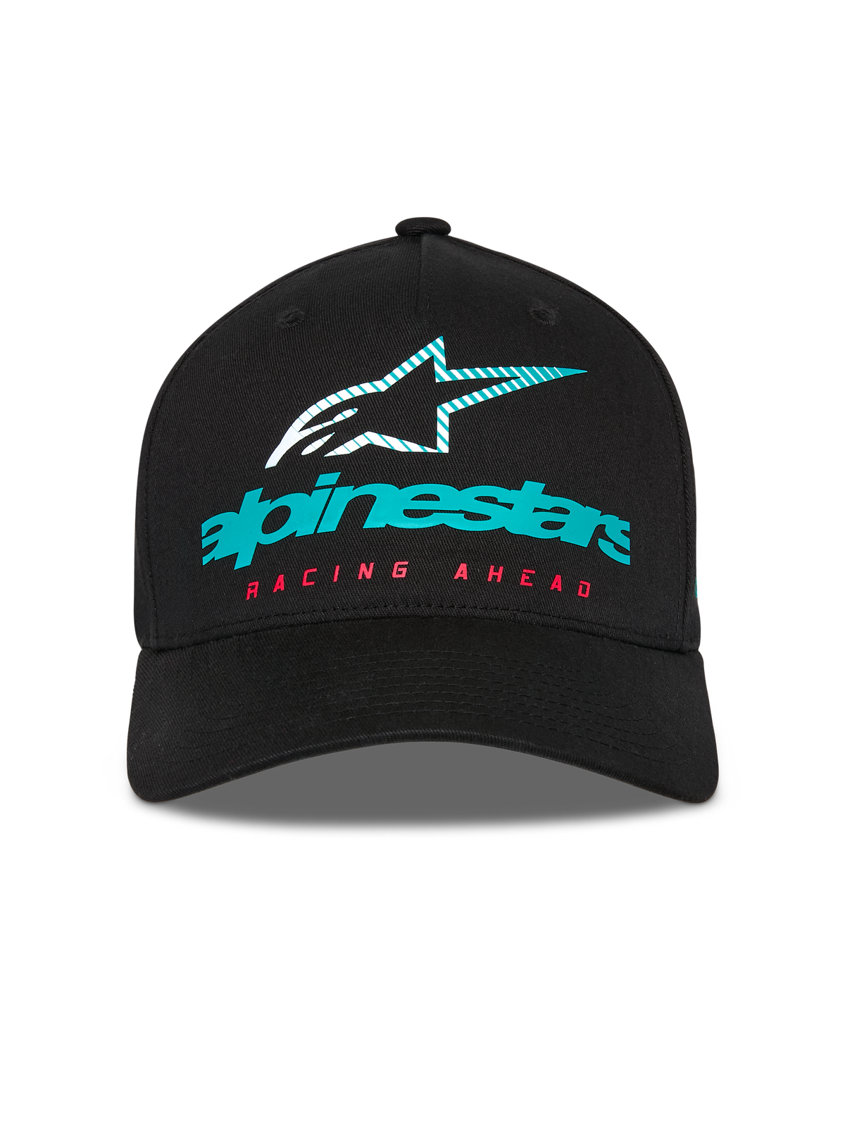 Alpinestars Instinct keps, strukturerad baseballkeps, svart, med en turkos Alpinestars-logotyp, randig stjärnikon och röd 'RACING AHEAD'-text, böjd skärm, casual motorsport-streetwear