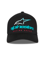 Alpinestars Instinct keps, strukturerad baseballkeps, svart, med en turkos Alpinestars-logotyp, randig stjärnikon och röd 'RACING AHEAD'-text, böjd skärm, casual motorsport-streetwear