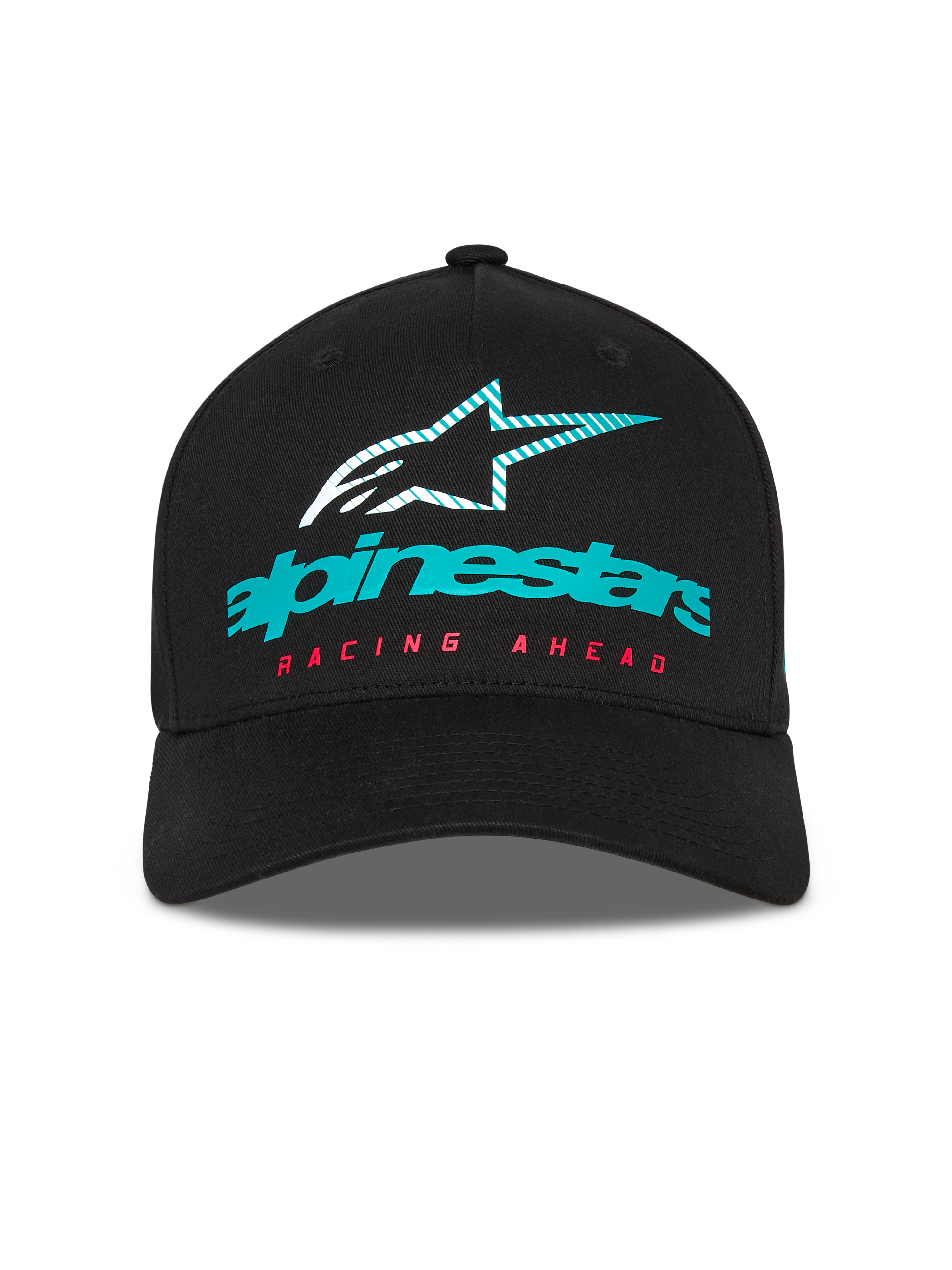 Alpinestars Instinct keps, strukturerad baseballkeps, svart, med en turkos Alpinestars-logotyp, randig stjärnikon och röd 'RACING AHEAD'-text, böjd skärm, casual motorsport-streetwear
