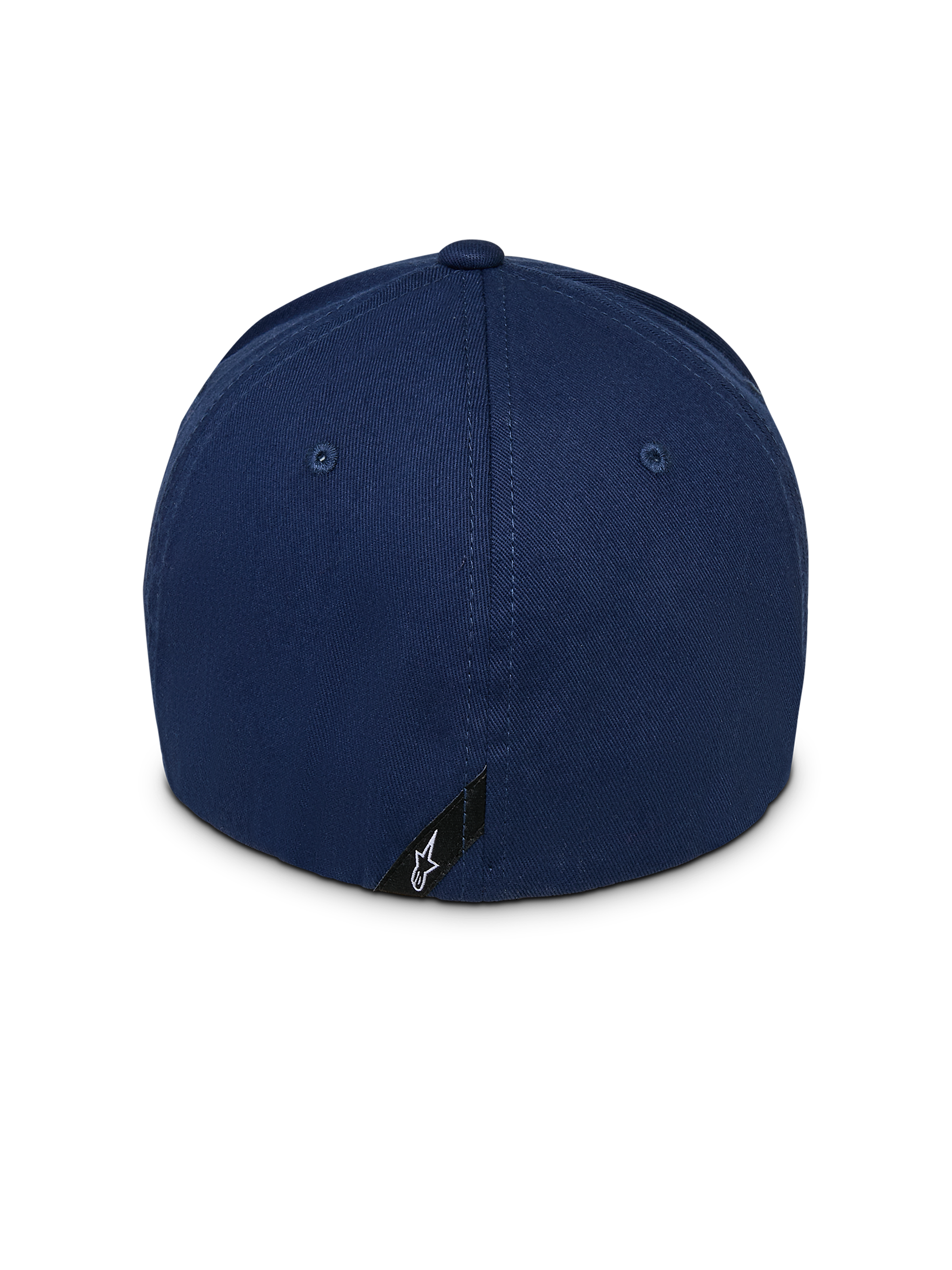 Alpinestars Instinct Hat, Navy Blue Baseball Cap, back view showing structured crown and flex back design, featuring a small black label with white Astars star logo at the bottom rim