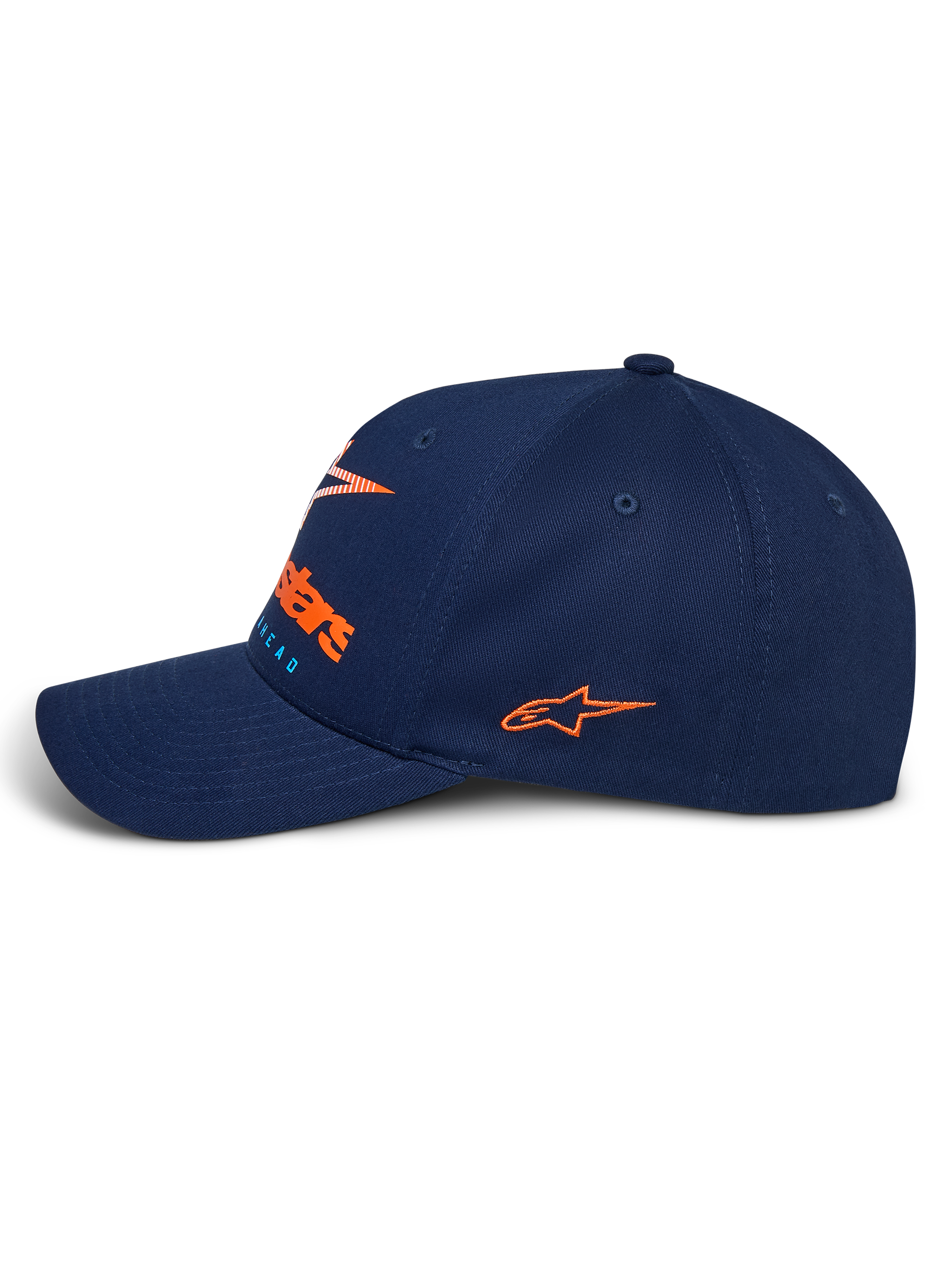 Alpinestars Instinct Hat, Navy Blue sportswear hat, side profile view featuring curved bill, orange embroidered side logo, front logo with orange gradient print, structured twill fabric crown