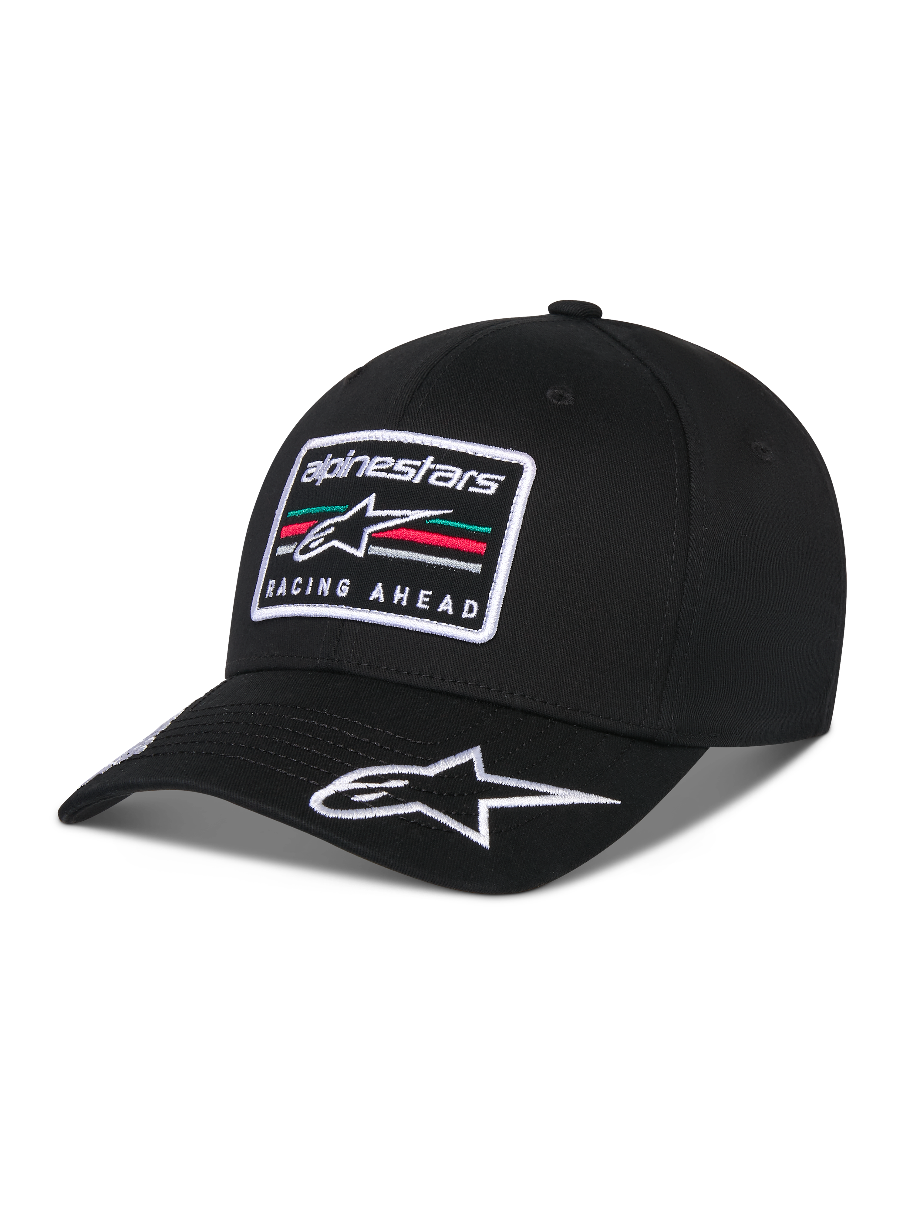 Alpinestars Surpass keps, svart baseballkeps med böjd skärm, broderat rektangulärt märke fram med Astars-logotypen och texten 'Racing Ahead', vit broderad logotyp på skärmen, strukturerad krona och twilltyg för avslappnad motorsportinspirerad streetwear.