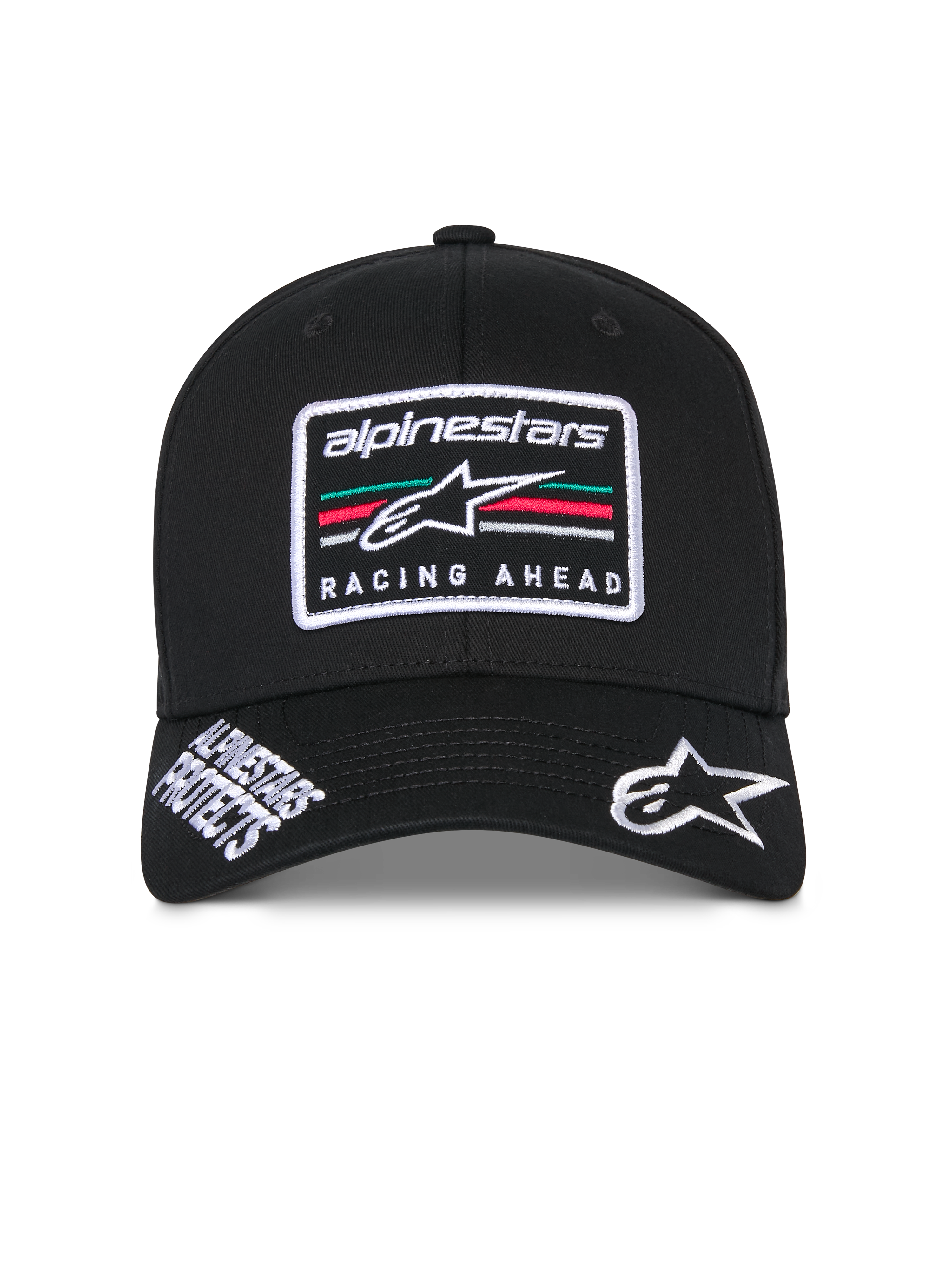 Alpinestars Surpass keps, svart strukturerad baseballkeps, böjd skärm med vit broderad Astars-logotyp och texten "Alpinestars Protects", "Racing Ahead"-logopatch på framsidan med flerfärgade ränder, avslappnad motorsport-inspirerad huvudbonad