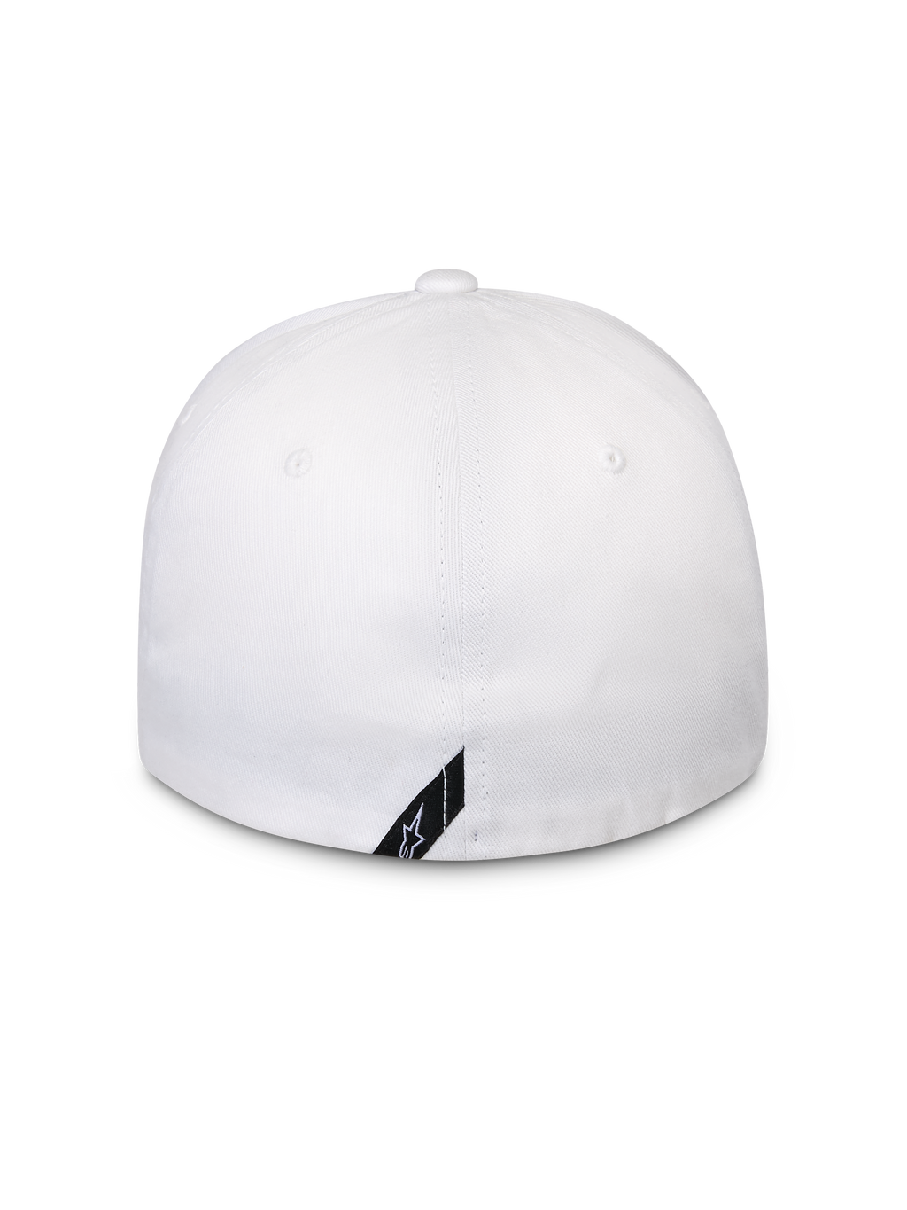 Alpinestars Surpass keps, vit, baksida av baseballkeps med flexibel baksida, strukturerad krona, med en liten svart diagonal Alpinestars-logotypflik vid den nedre kanten, casual sportswear