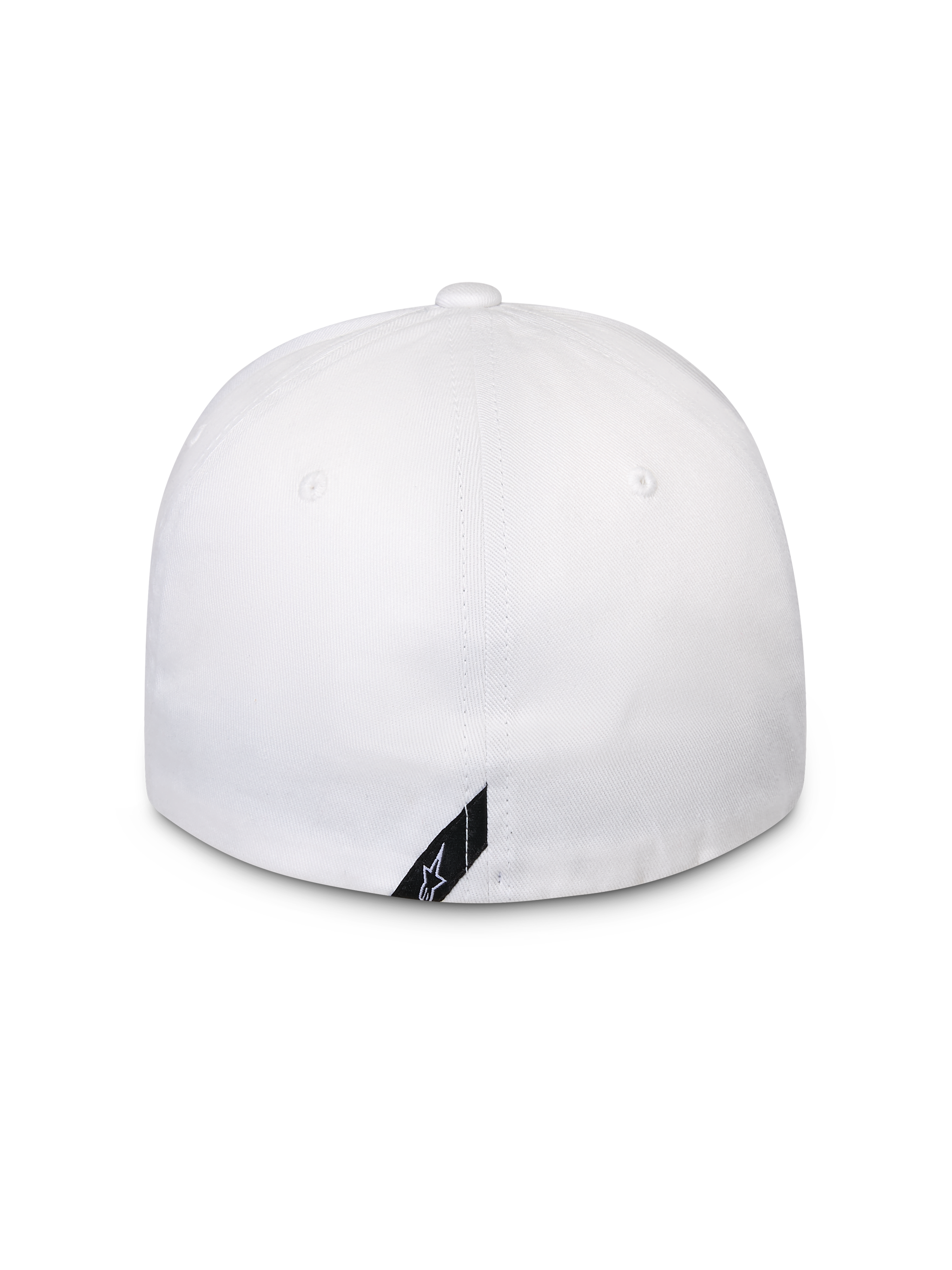 Alpinestars Surpass keps, vit, baksida av baseballkeps med flexibel baksida, strukturerad krona, med en liten svart diagonal Alpinestars-logotypflik vid den nedre kanten, casual sportswear