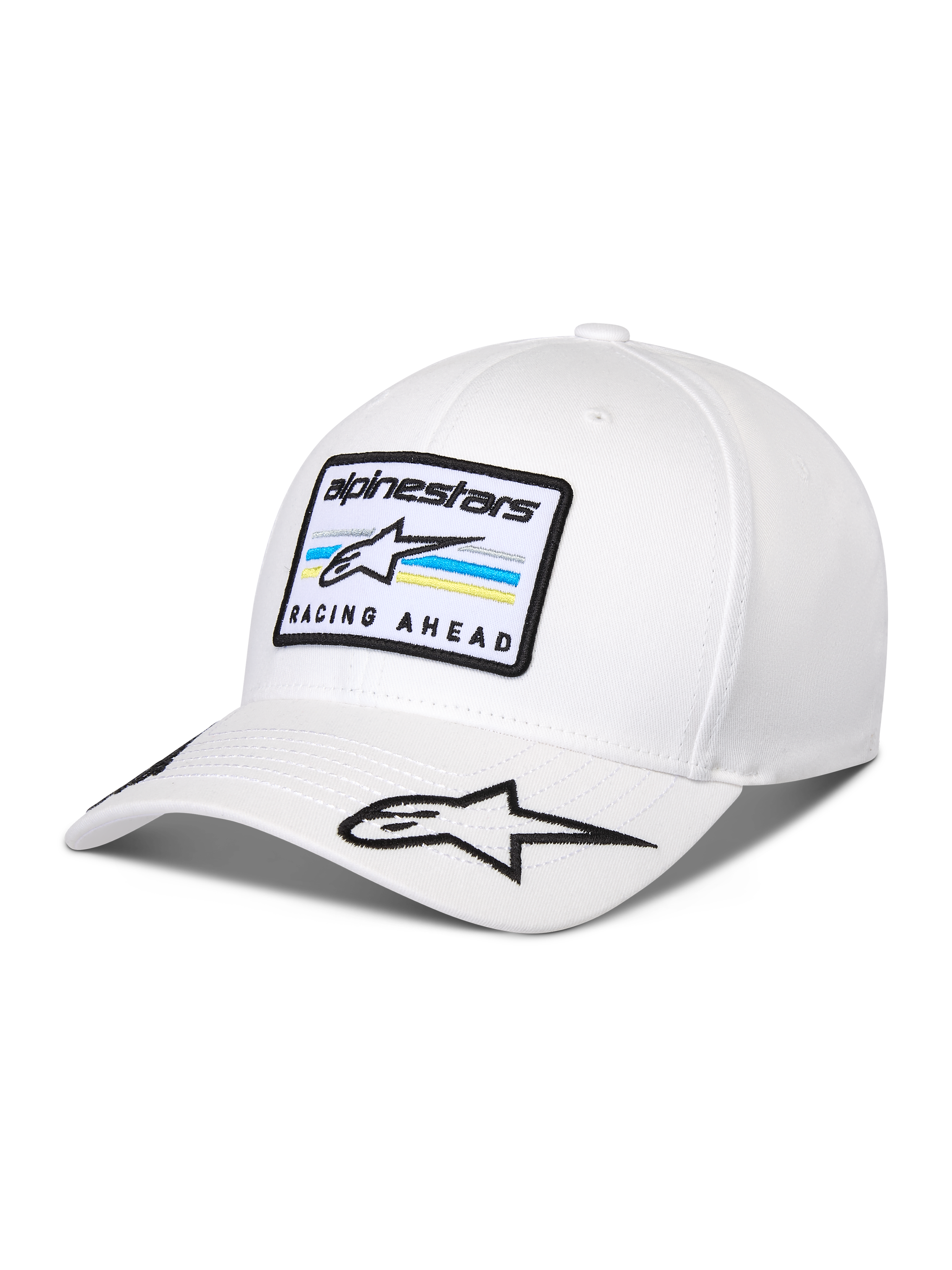 Alpinestars Surpass Hat, White curved bill baseball cap, structured crown, features front embroidered patch with Astars logo and 'RACING AHEAD' text, additional star logo on the bill, casual motorsport-inspired headwear