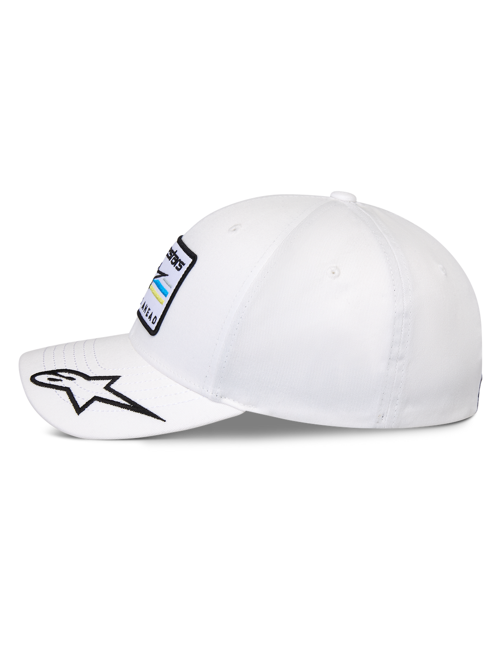 Alpinestars Surpass keps, strukturerad baseballkeps, vit, böjd skärm med broderad svart och vit stjärnlogotyp, sidoprofil som visar Astars-logotyppatch på framsidan, vardaglig motorsportinspirerad huvudbonad