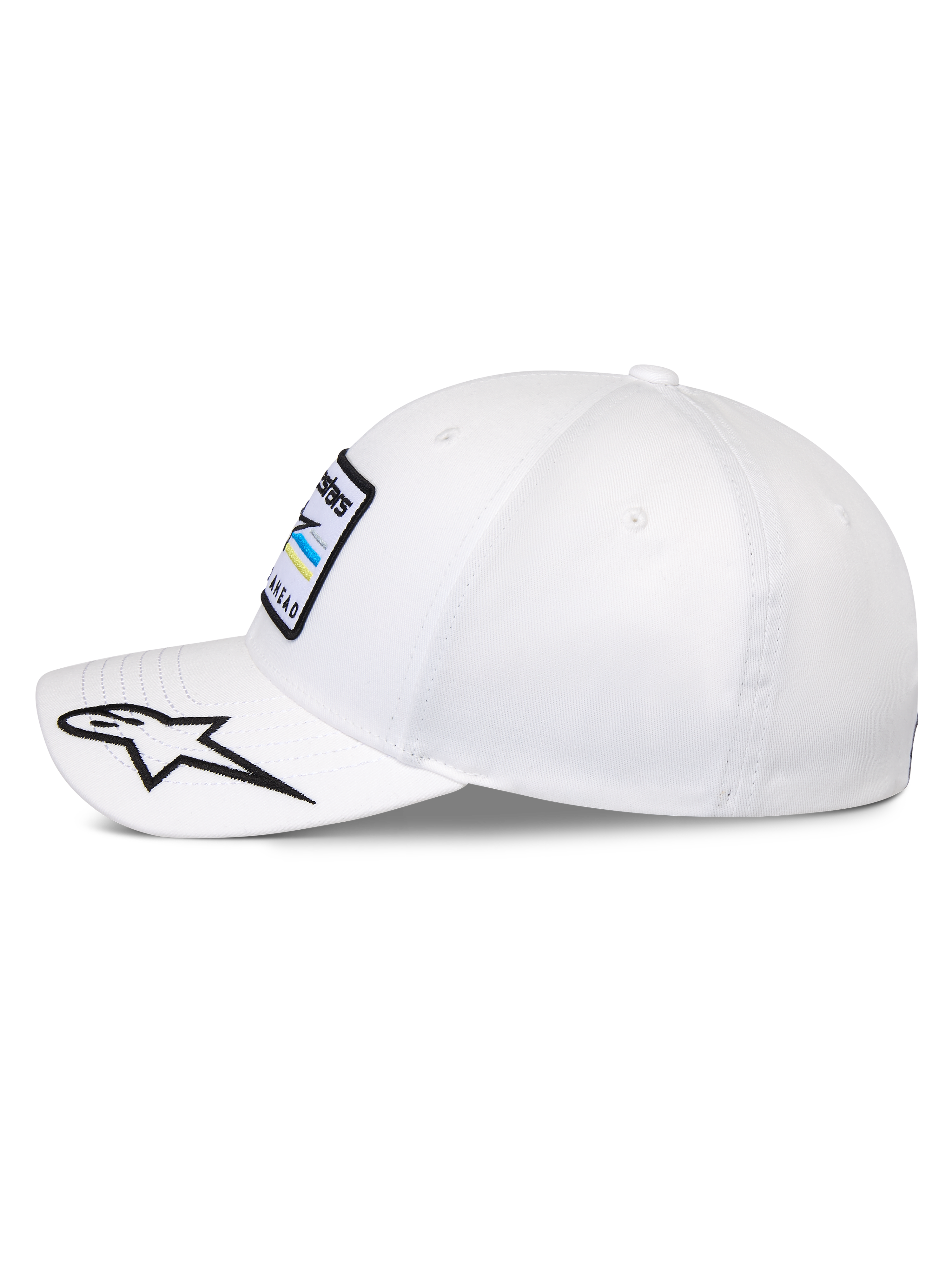Alpinestars Surpass keps, strukturerad baseballkeps, vit, böjd skärm med broderad svart och vit stjärnlogotyp, sidoprofil som visar Astars-logotyppatch på framsidan, vardaglig motorsportinspirerad huvudbonad