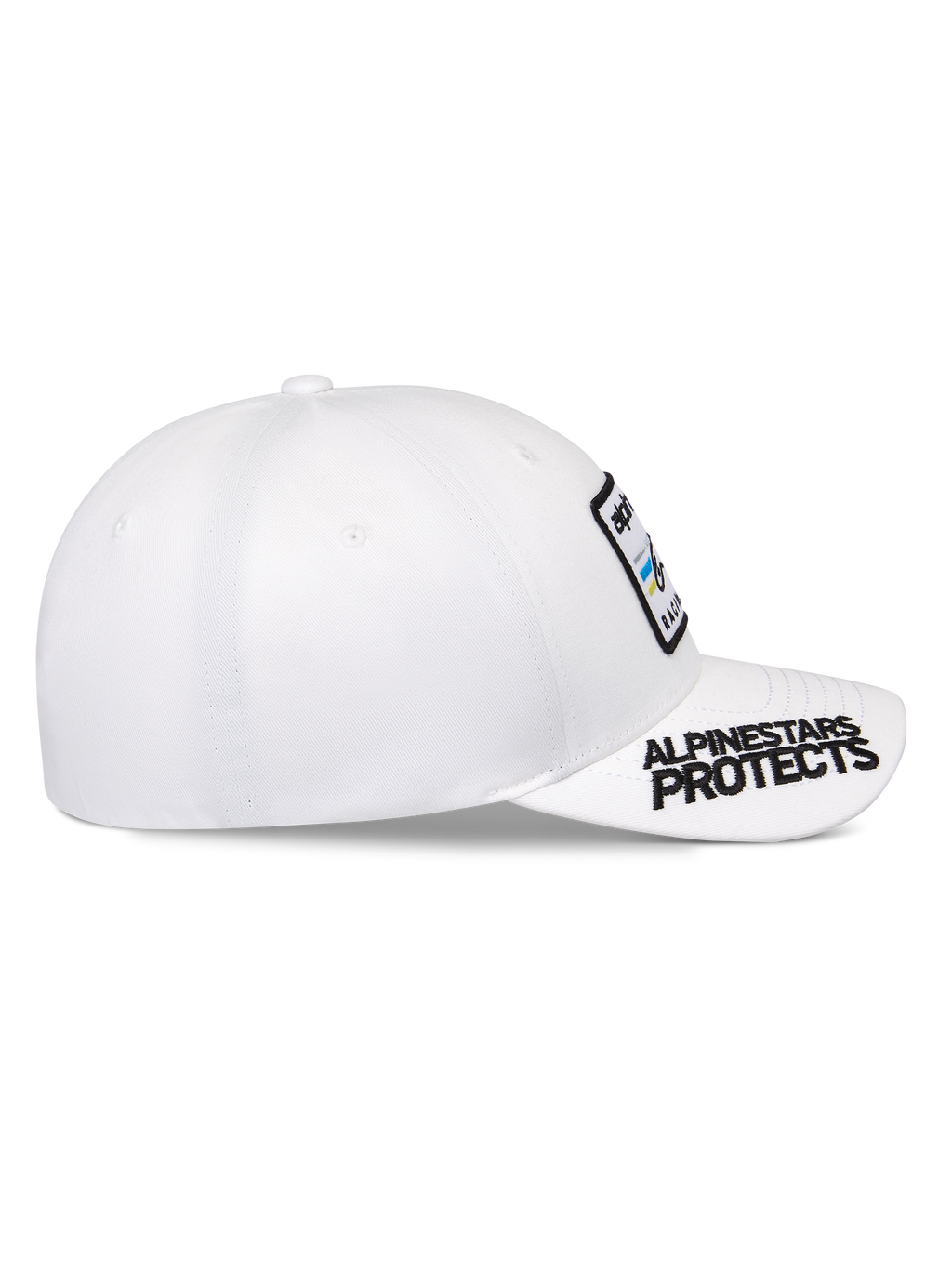 Alpinestars Surpass keps, vit, böjd skärm med svart 'ALPINESTARS PROTECTS' brodyr, strukturerad krona med logotyp-patch på framsidan, casual sportswear baseballkeps