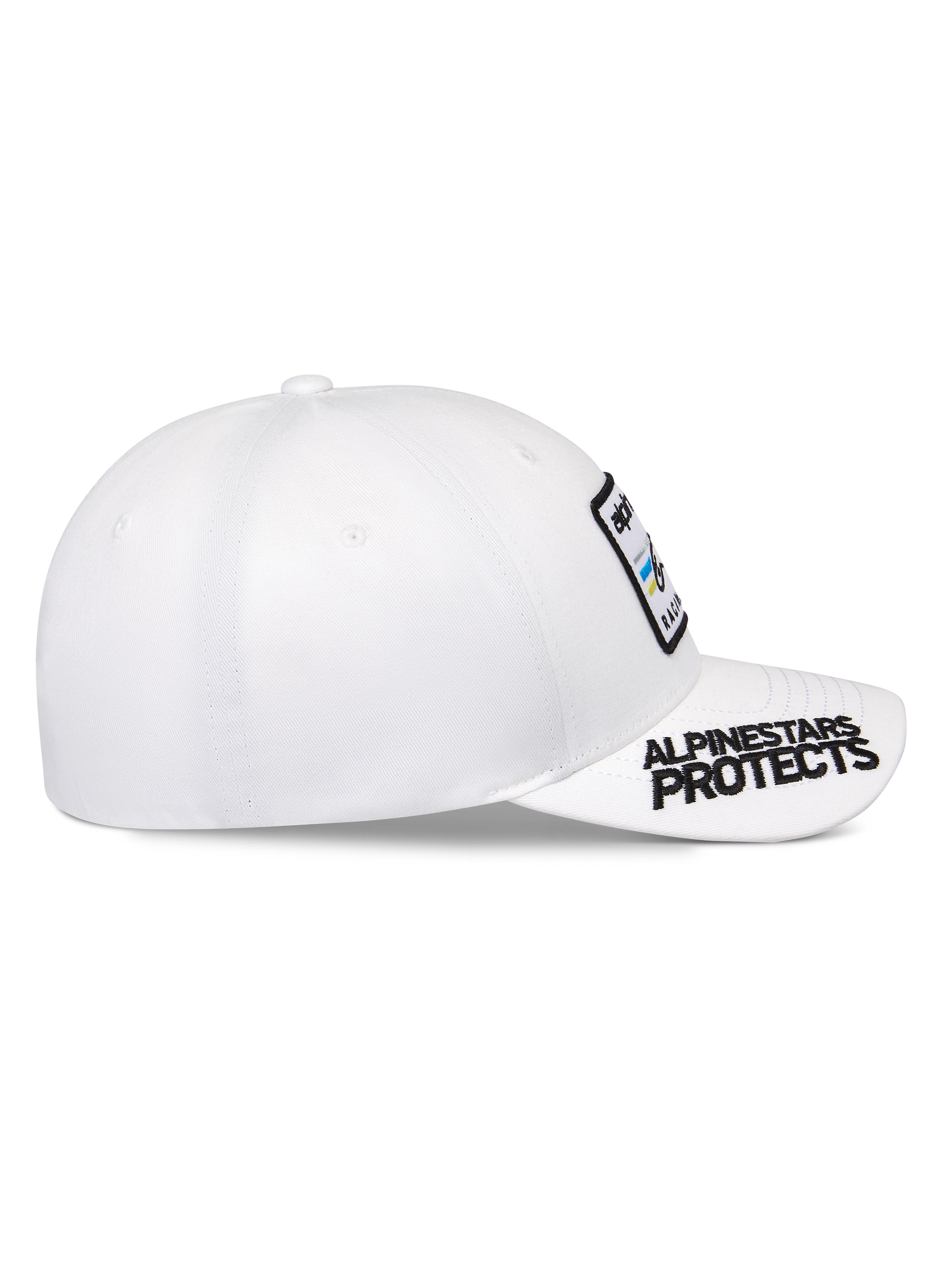 Alpinestars Surpass keps, vit, böjd skärm med svart 'ALPINESTARS PROTECTS' brodyr, strukturerad krona med logotyp-patch på framsidan, casual sportswear baseballkeps