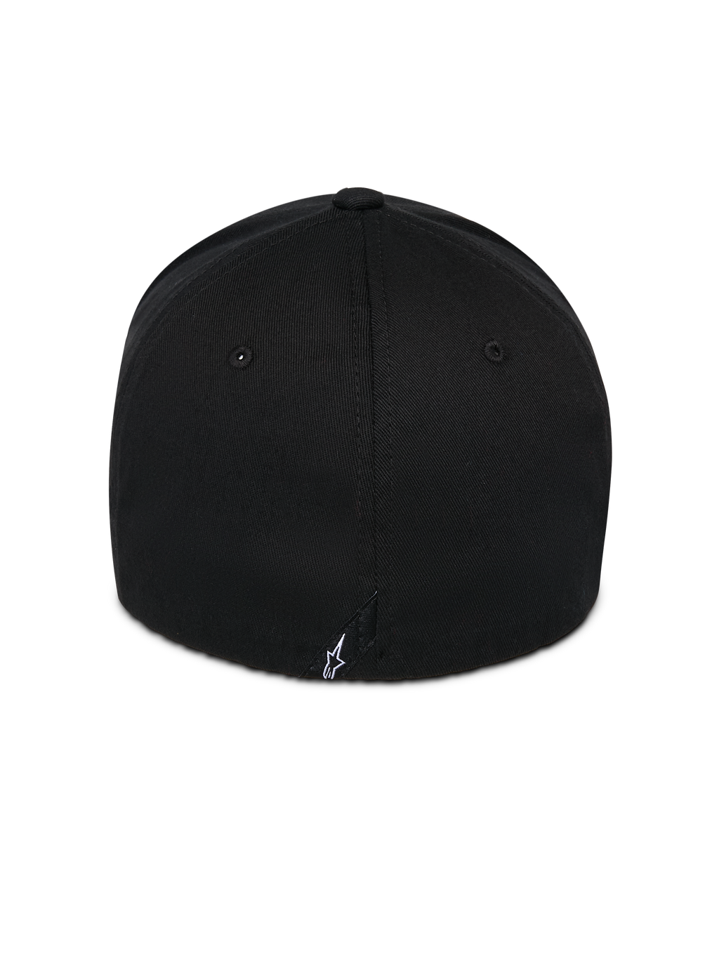 Alpinestars Corp Shift Relay keps, svart, vy bakifrån som visar en liten vit broderad Astars-logotyp, strukturerad krona i twilltyg, flex back-design för sportigt vardagsbruk