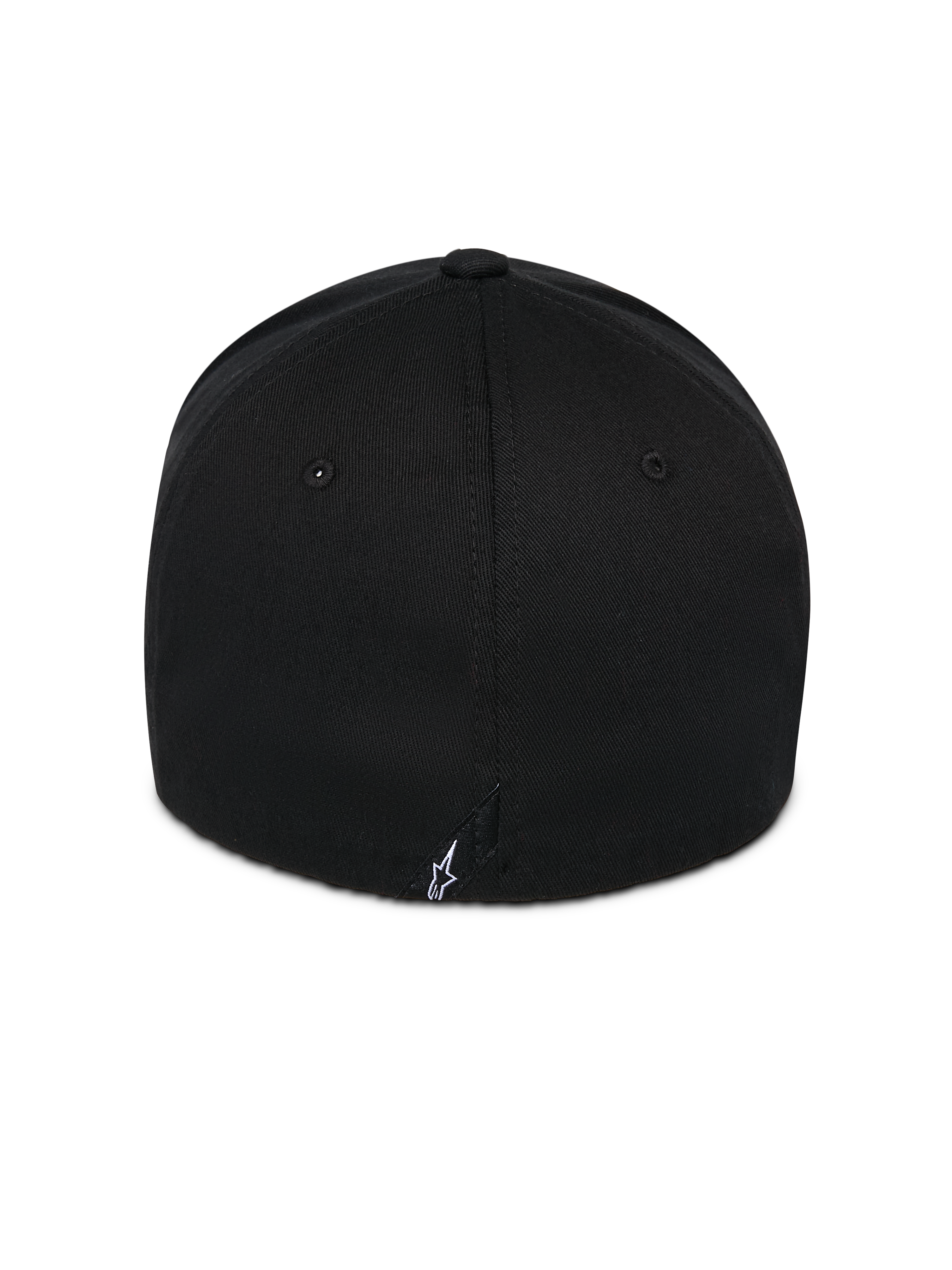 Alpinestars Corp Shift Relay keps, svart, vy bakifrån som visar en liten vit broderad Astars-logotyp, strukturerad krona i twilltyg, flex back-design för sportigt vardagsbruk