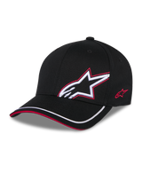 Alpinestars Corp Shift Relay Hat, Black, structured twill baseball cap with curved bill, white 3D Astars logo with red embroidery outline on the front, red logo on the side, white trim on the brim with red sandwich detail, casual motorsport-inspired headwear.