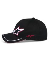 Alpinestars Corp Shift Relay Hat, Black Baseball Cap, side profile featuring 3D Astars logo embroidery in white and red, curved bill with white sutache trim and red sandwich detail, casual motorsport headwear