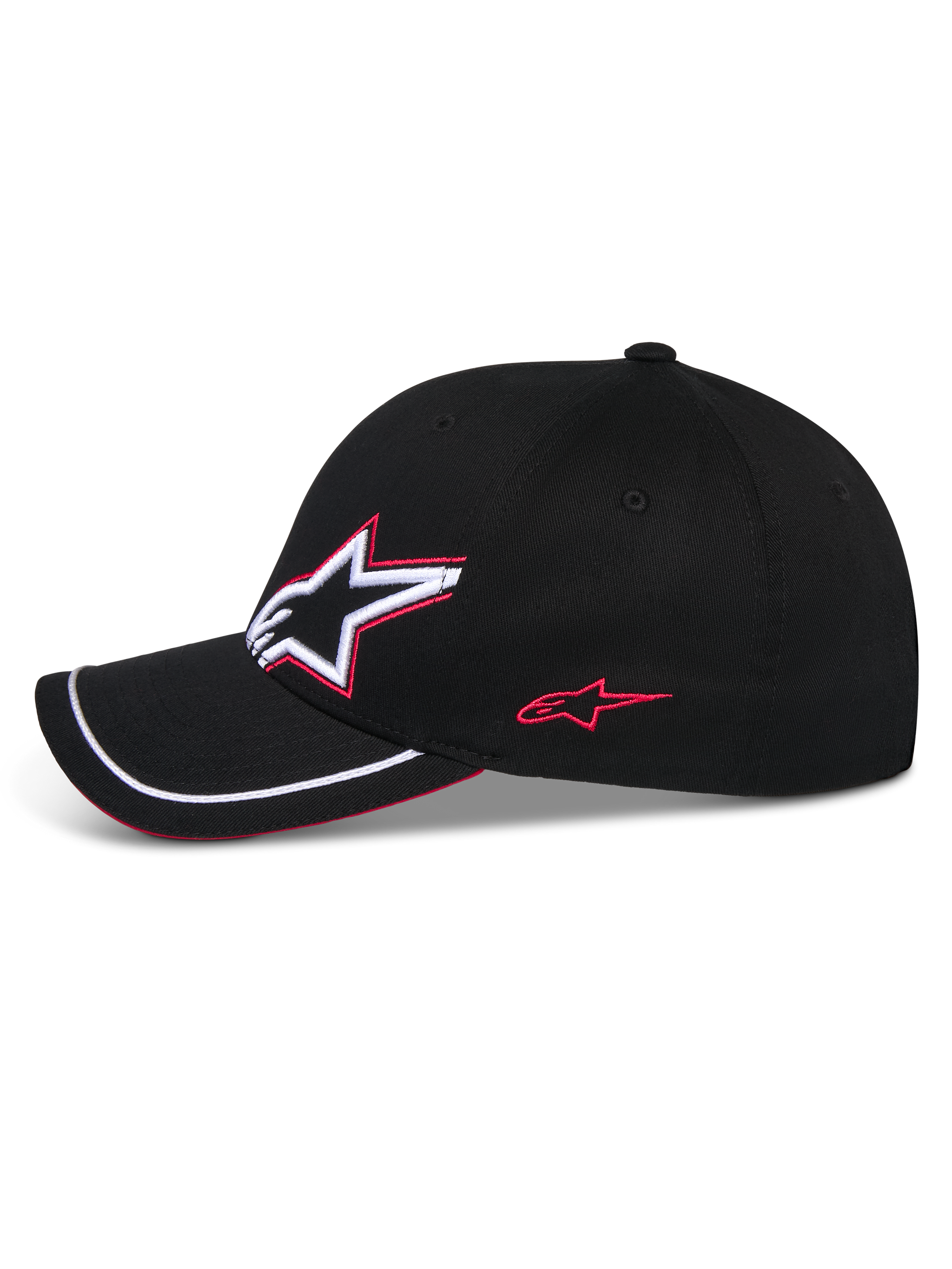 Alpinestars Corp Shift Relay Hat, Black Baseball Cap, side profile featuring 3D Astars logo embroidery in white and red, curved bill with white sutache trim and red sandwich detail, casual motorsport headwear
