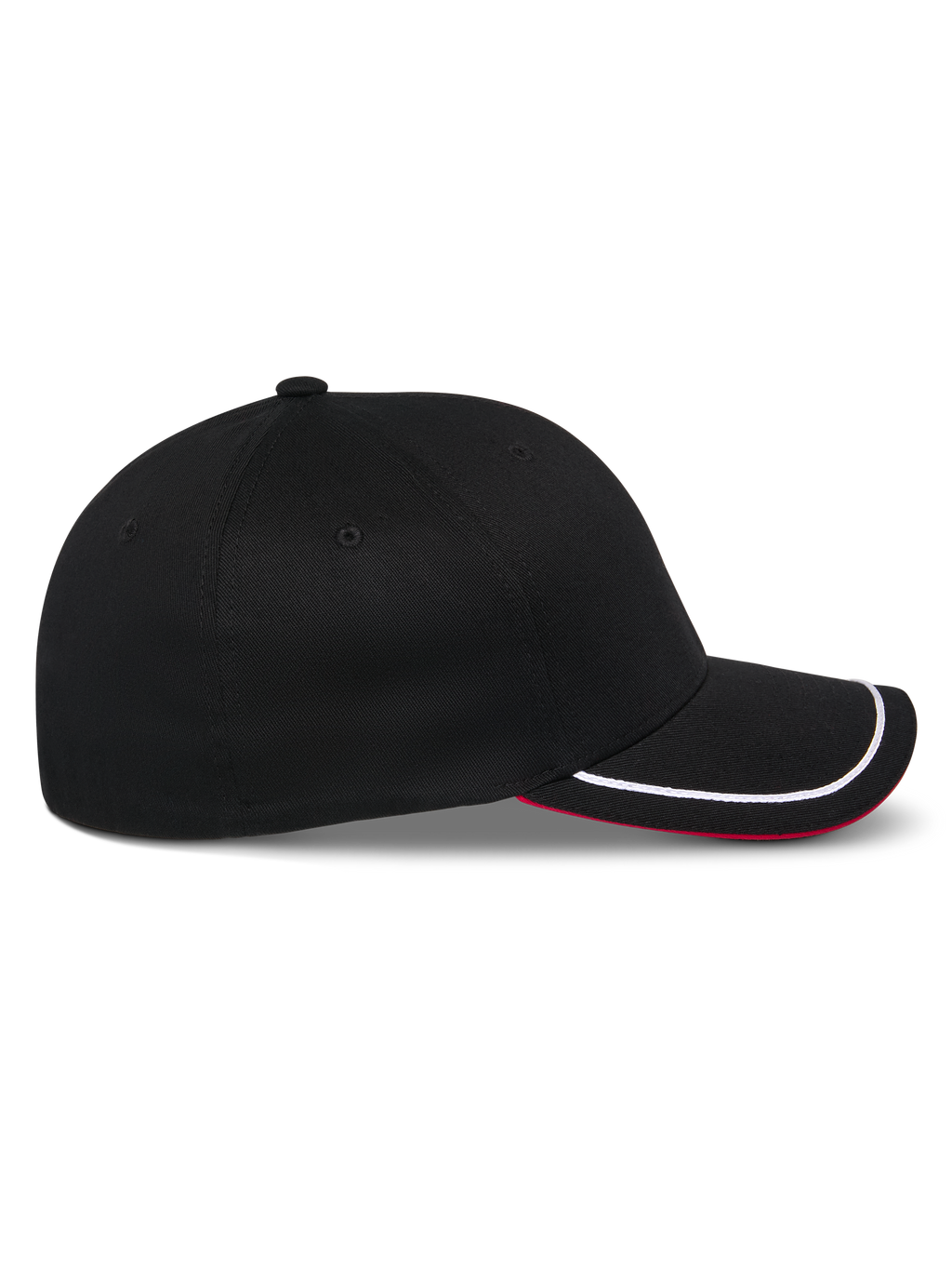Alpinestars Corp Shift Relay keps, svart baseballkeps, sidoprofil, böjd skärm med vit sutaschkant och röd undersida, strukturerad krona, avslappnad motorsportinspirerad huvudbonad