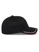 Alpinestars Corp Shift Relay Hat, Black Baseball Cap, side profile, curved bill with white sutache trim and red underside, structured crown, casual motorsport-inspired headwear