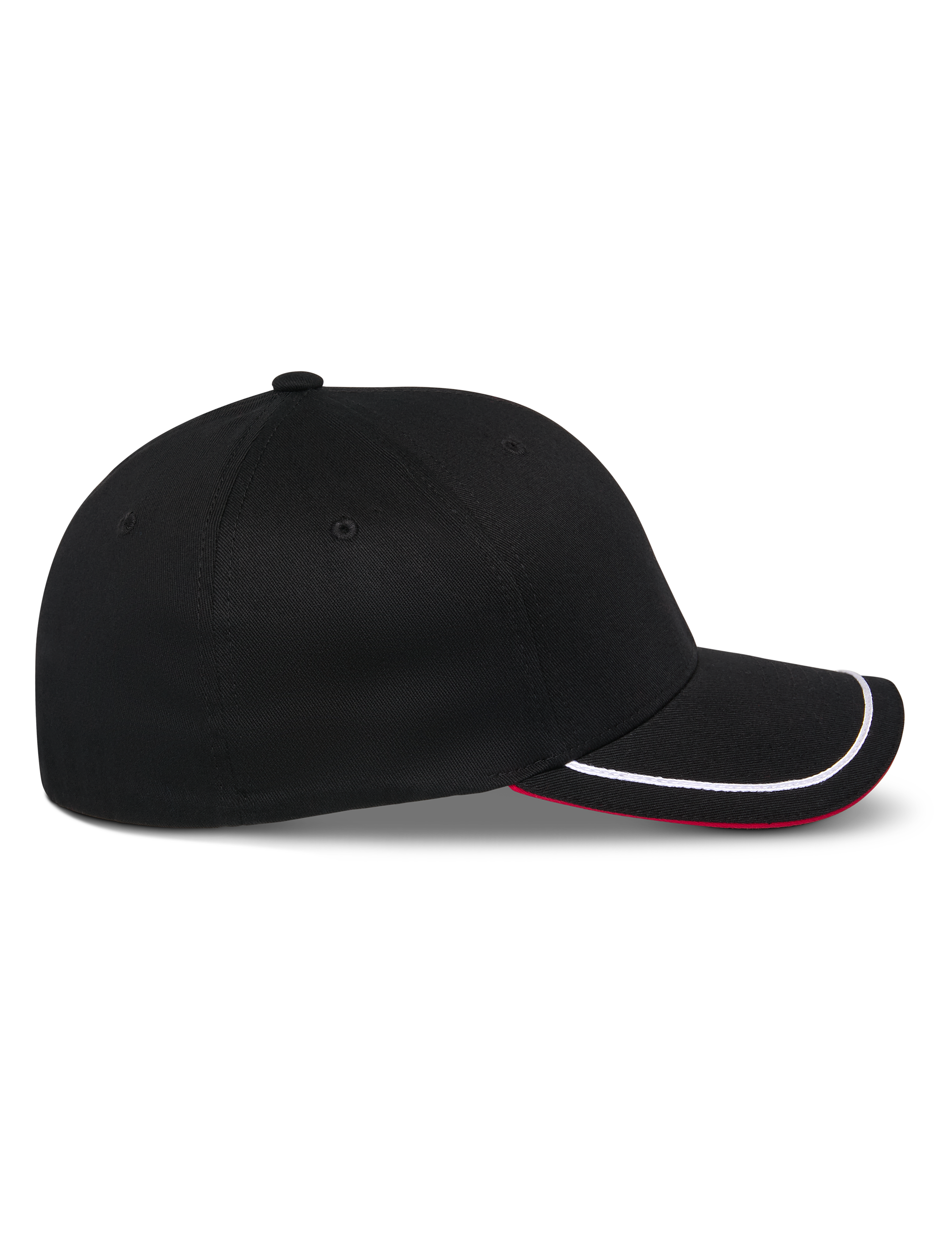 Alpinestars Corp Shift Relay keps, svart baseballkeps, sidoprofil, böjd skärm med vit sutaschkant och röd undersida, strukturerad krona, avslappnad motorsportinspirerad huvudbonad