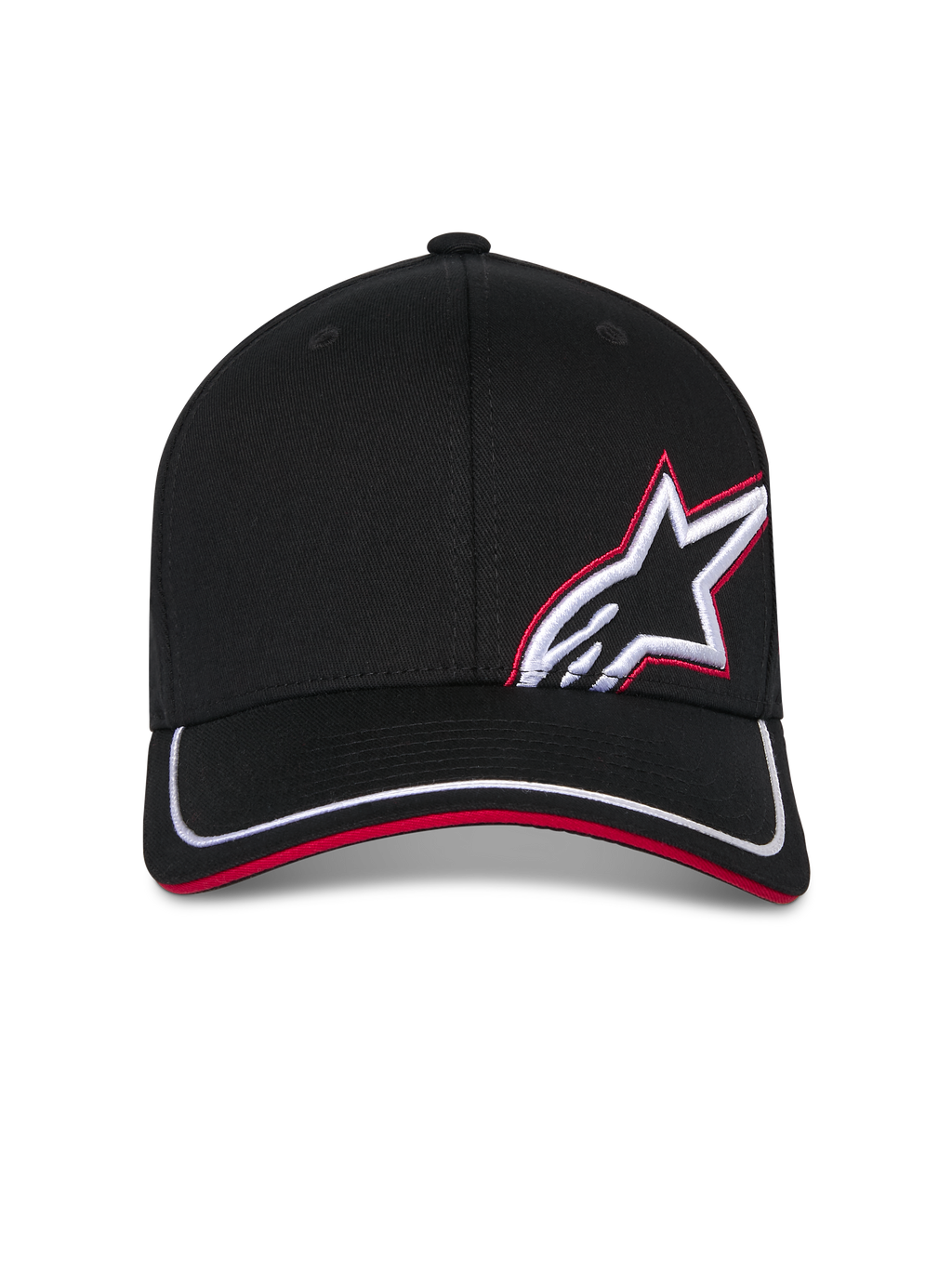 Alpinestars Corp Shift Relay Hat, svart baseballkeps, böjd skärm med vit kant och röd sandwich, 3D-broderad Astars-logotyp framtill i vitt och rött, casual motorsport-inspirerad design